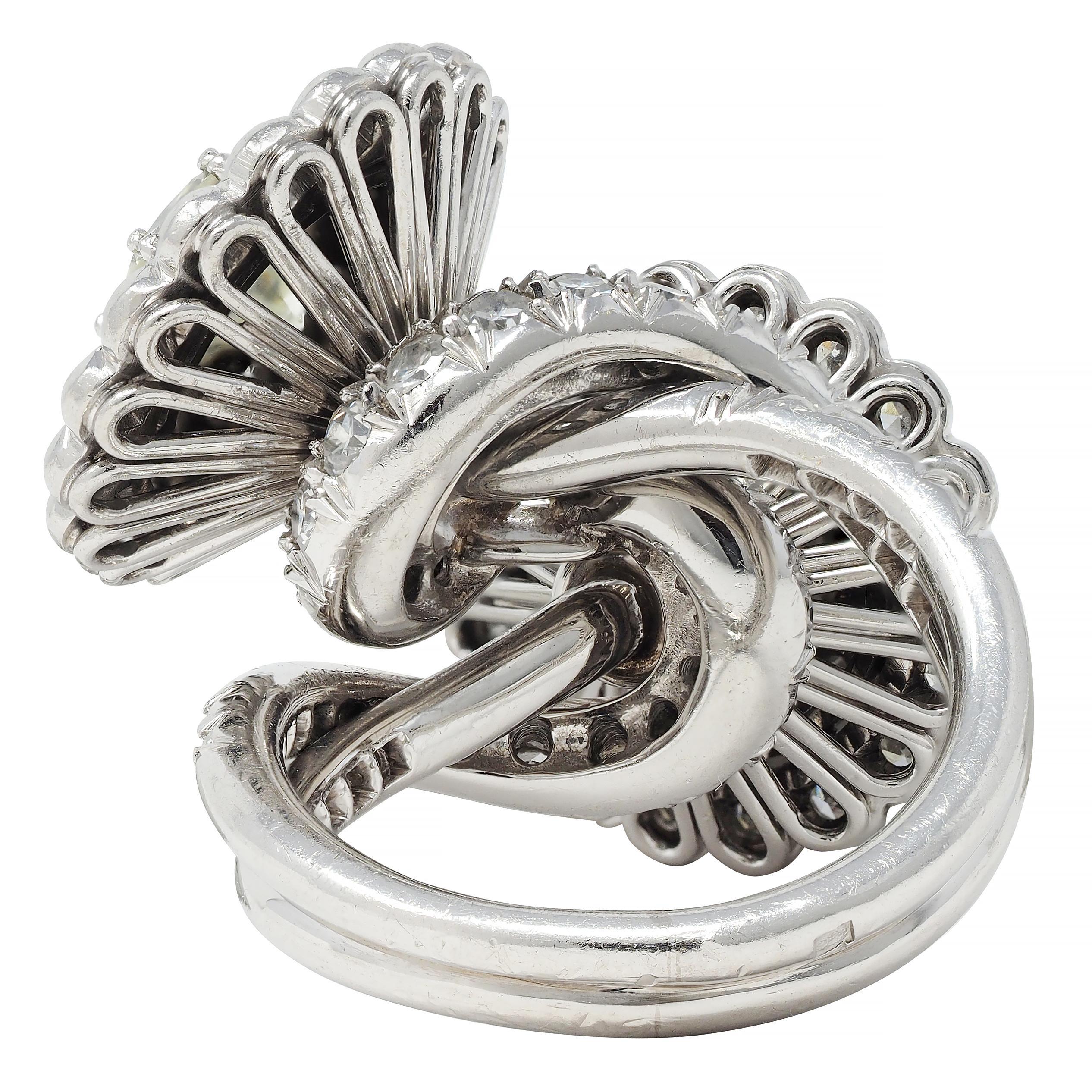 Mid-Century French 5.85 CTW Diamond Platinum Vintage Halo Bypass Floral Ring For Sale 2