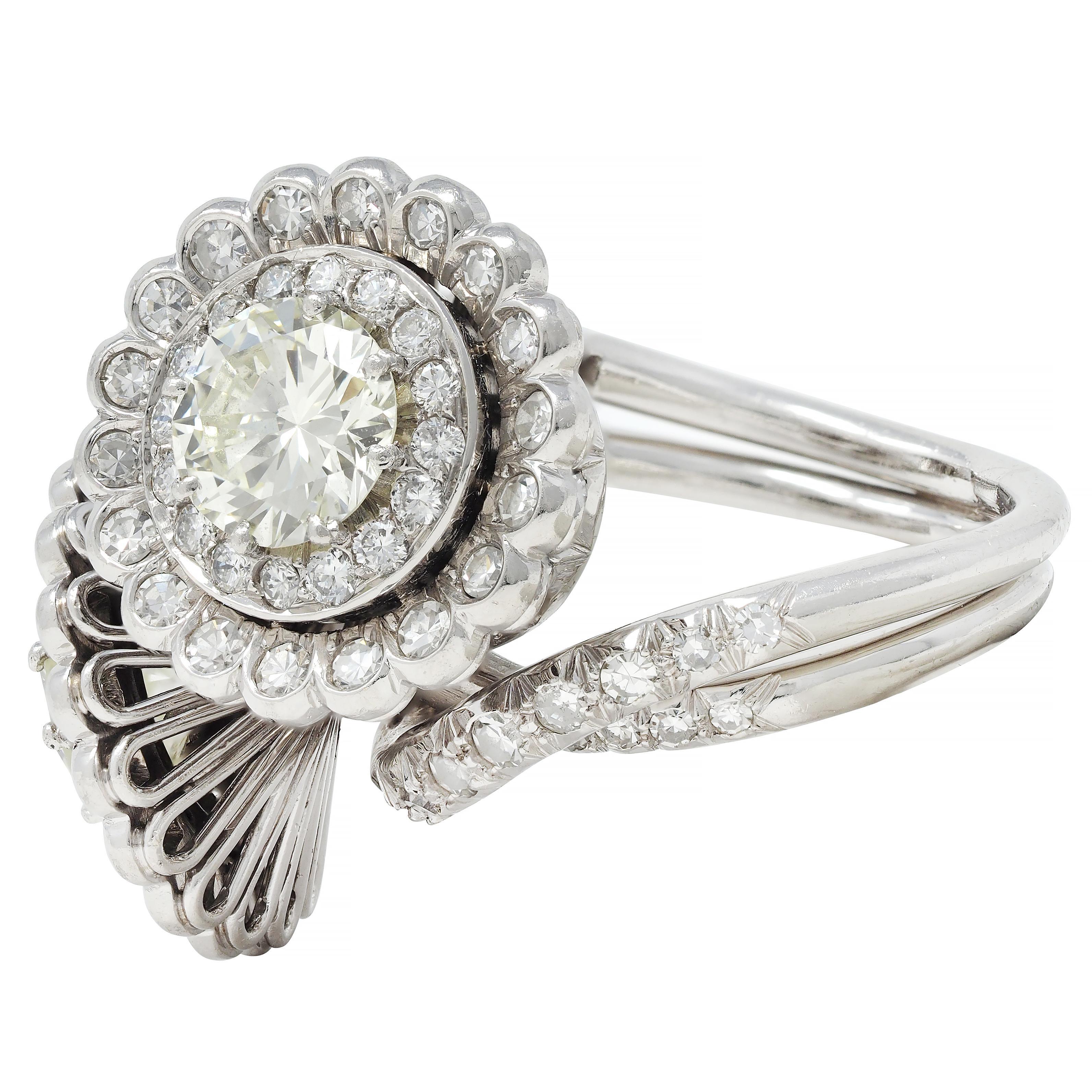 Mid-Century French 5.85 CTW Diamond Platinum Vintage Halo Bypass Floral Ring For Sale 3