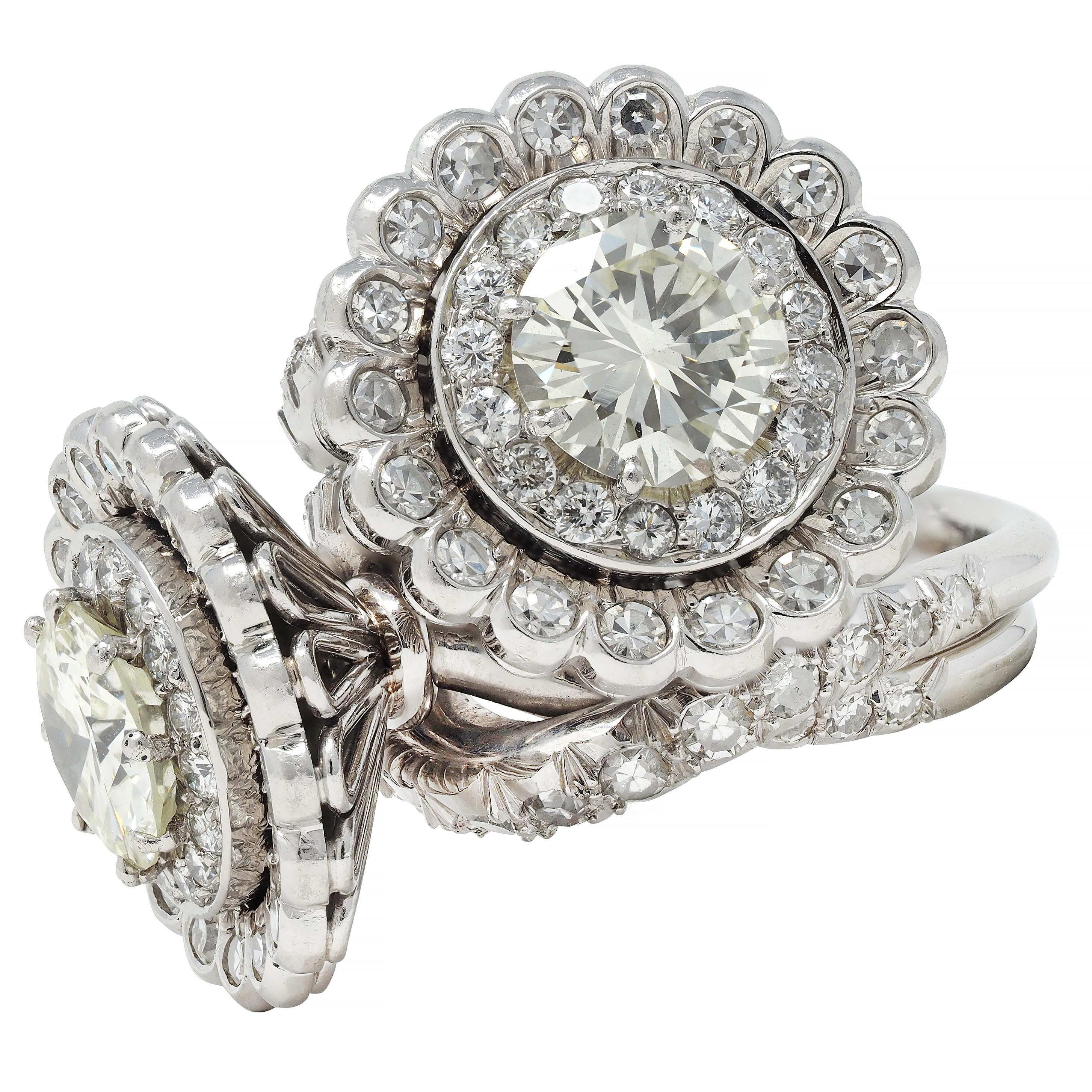Mid-Century French 5.85 CTW Diamond Platinum Vintage Halo Bypass Floral Ring For Sale 4