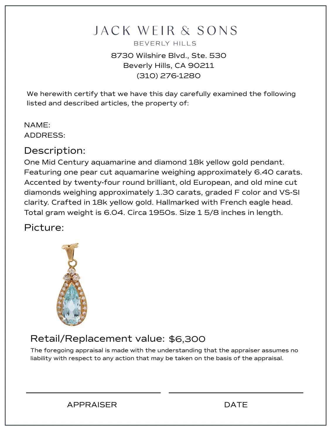 De las mujeres Mid Century French 6.40 carat aquamarine diamond 18k yellow gold pendant en venta