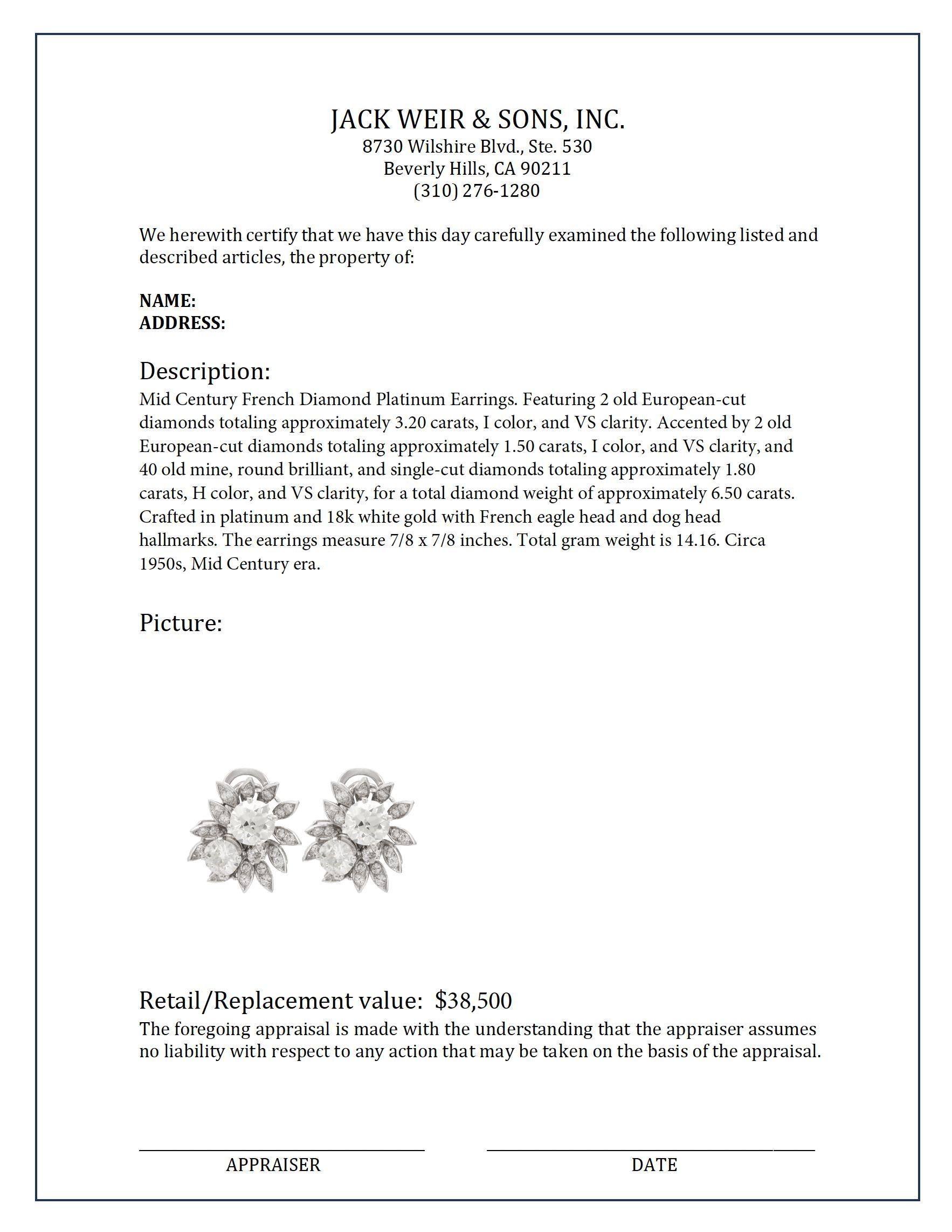 Orecchini francesi di metà secolo con diamanti da 6,50 carati di peso totale in platino In condizioni ottime a Beverly Hills, CA