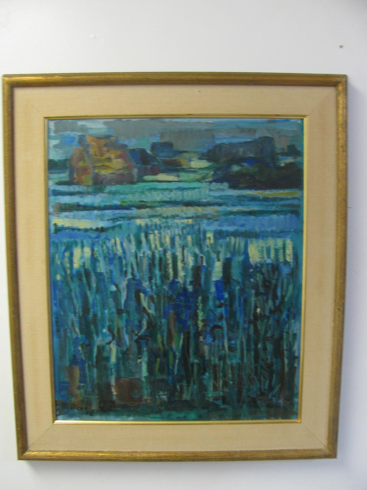 Gorgeous blues and greens represented in this fabulous midcentury painting by M. Siret. Framed in a period midcentury frame it oozes serenity.