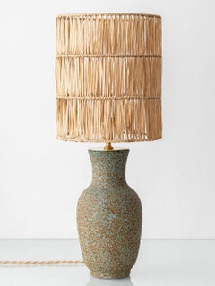 Mid-Century French Accolay Studio Pottery Table Lamp with Raffia Lampshade
