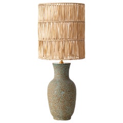 Mid-Century French Accolay Studio Pottery Table Lamp with Raffia Lampshade