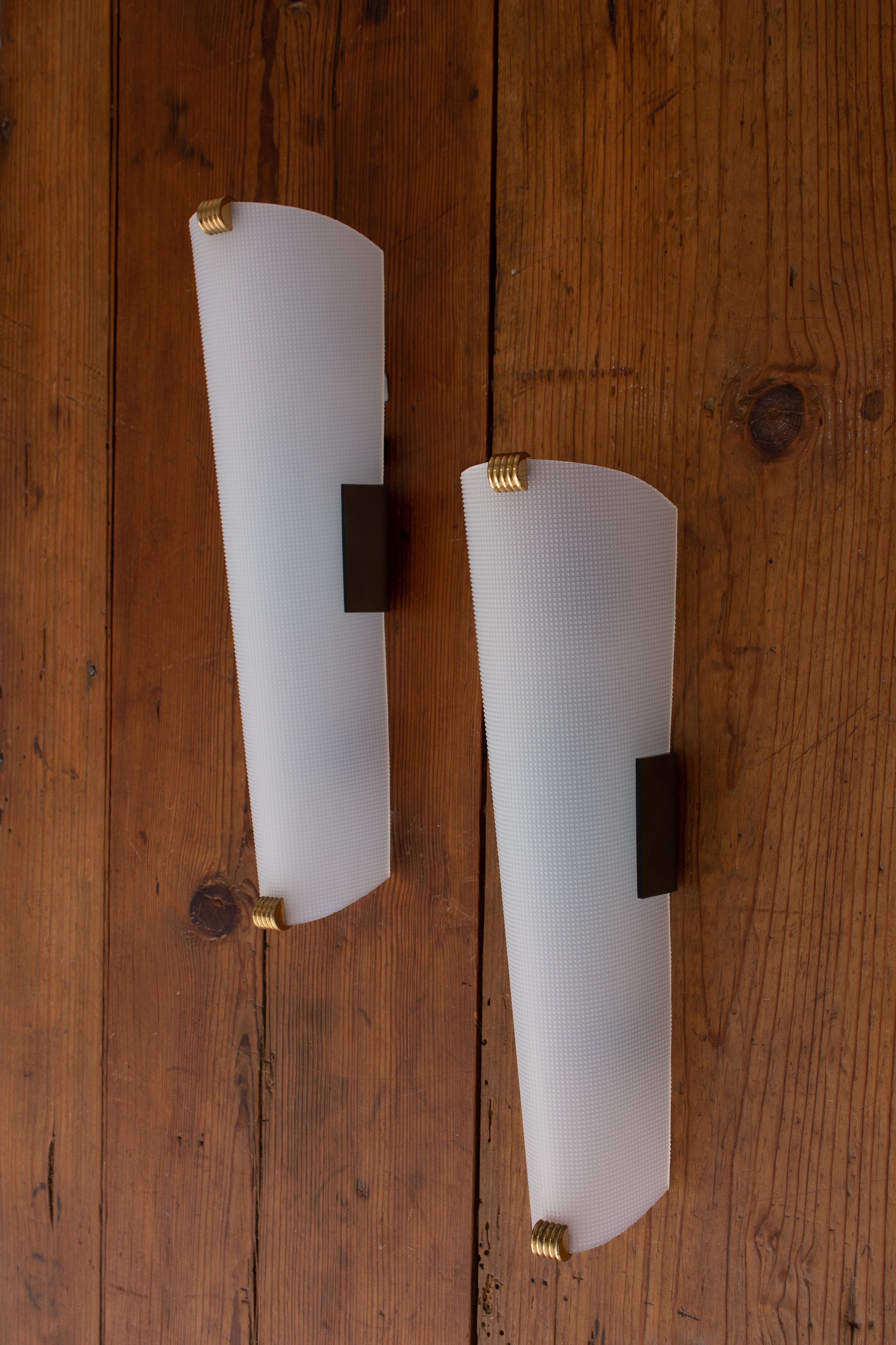 Art Deco Mid Century French Acrylic & Brass Sconces in the Style of Pierre Guariche, Pair
