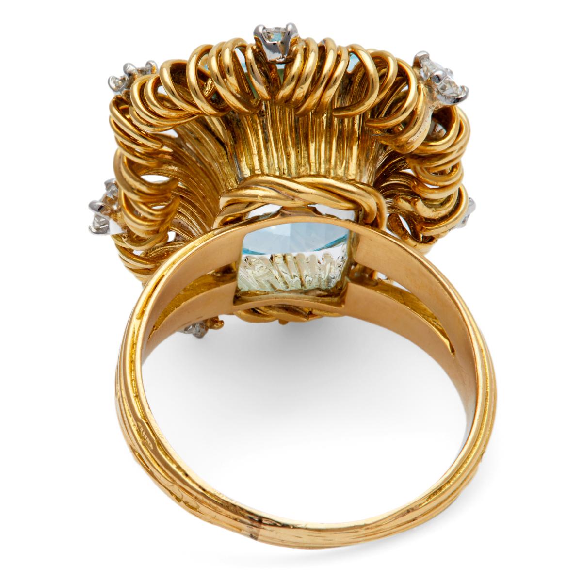 Midcentury French Aquamarine Diamond 18k Yellow Gold Cocktail Ring 1