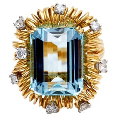Midcentury French Aquamarine Diamond 18k Yellow Gold Cocktail Ring