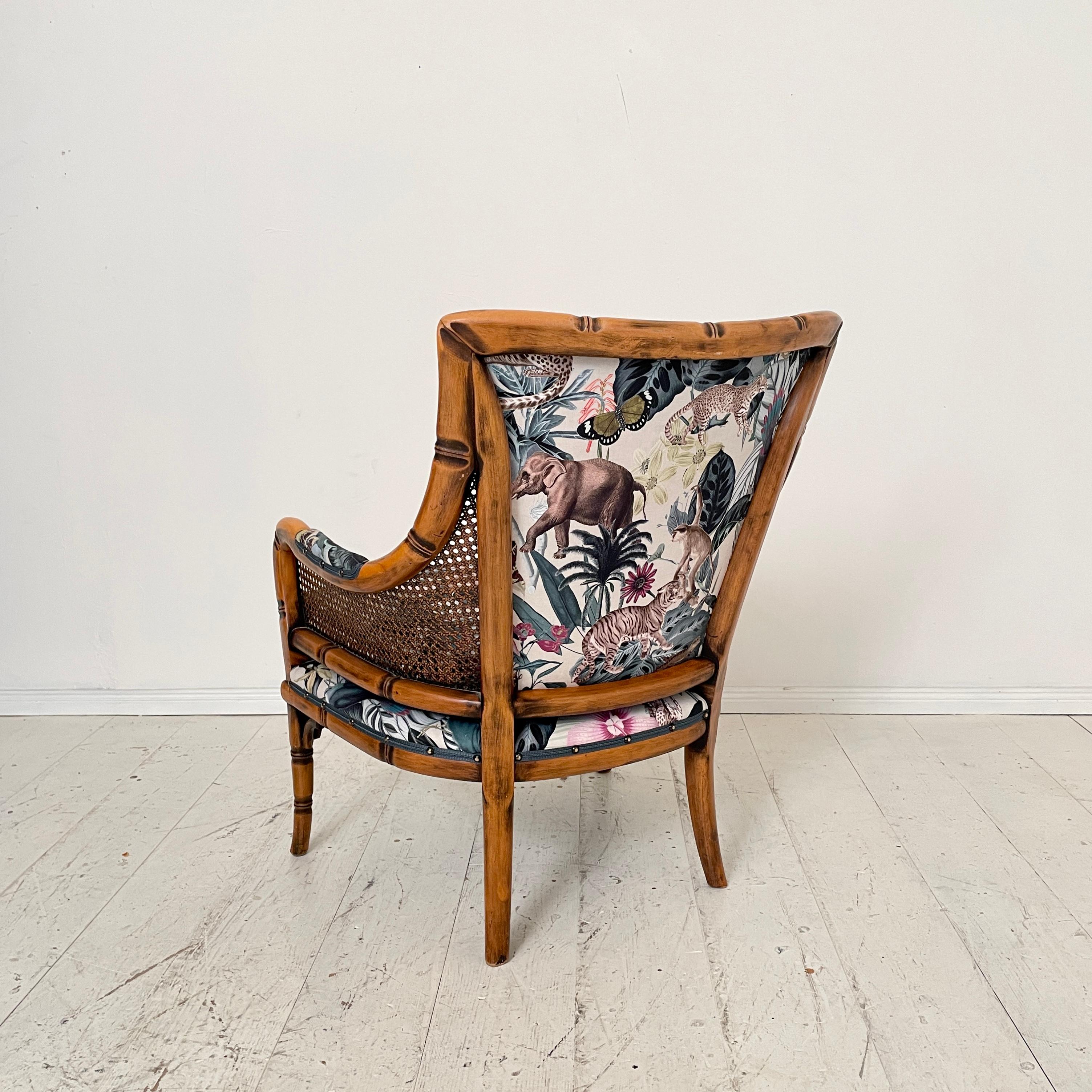 Mid-Century French Armchair in Bamboo Style with Animal Print Fabric, 1970 For Sale 5
