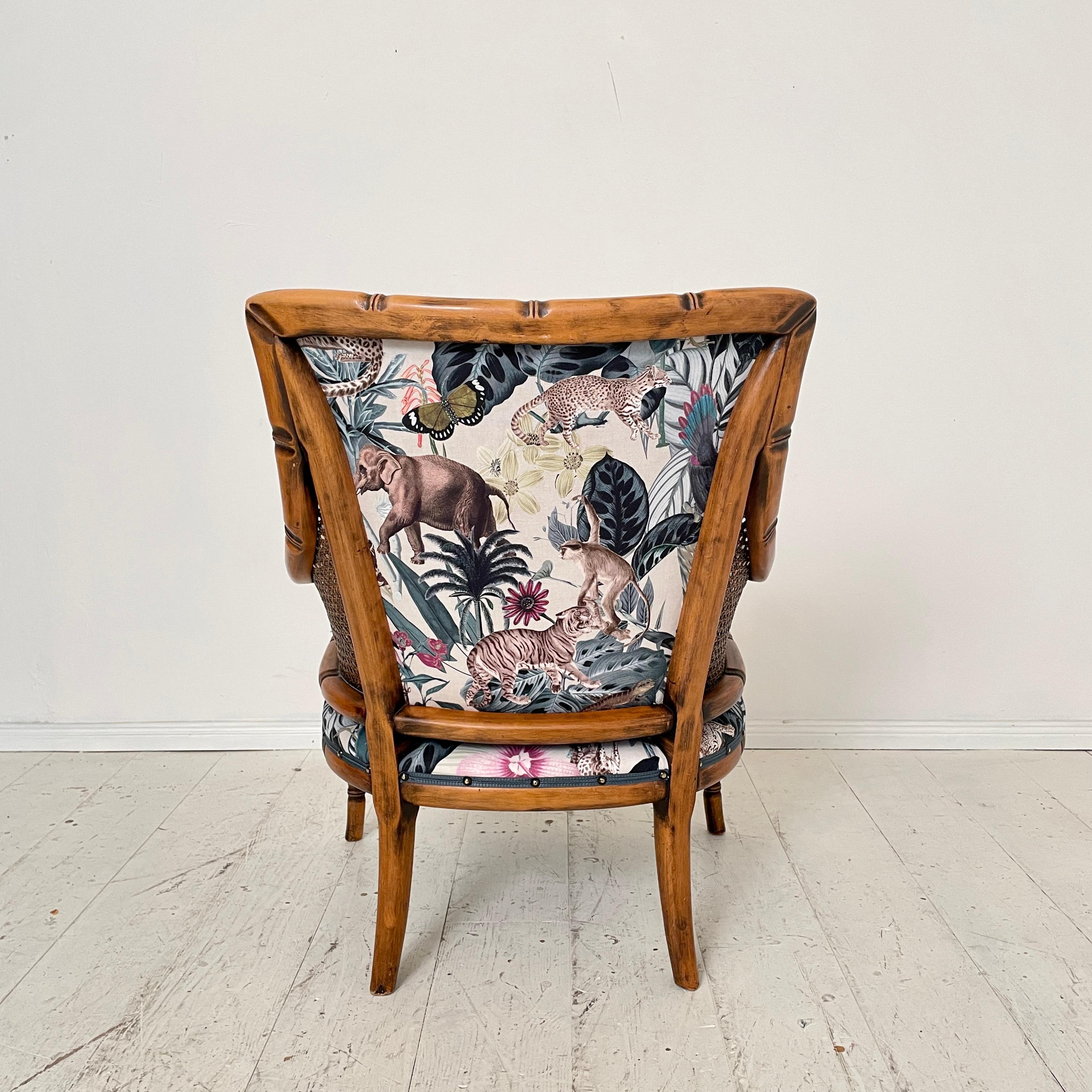 Mid-Century French Armchair in Bamboo Style with Animal Print Fabric, 1970 For Sale 6
