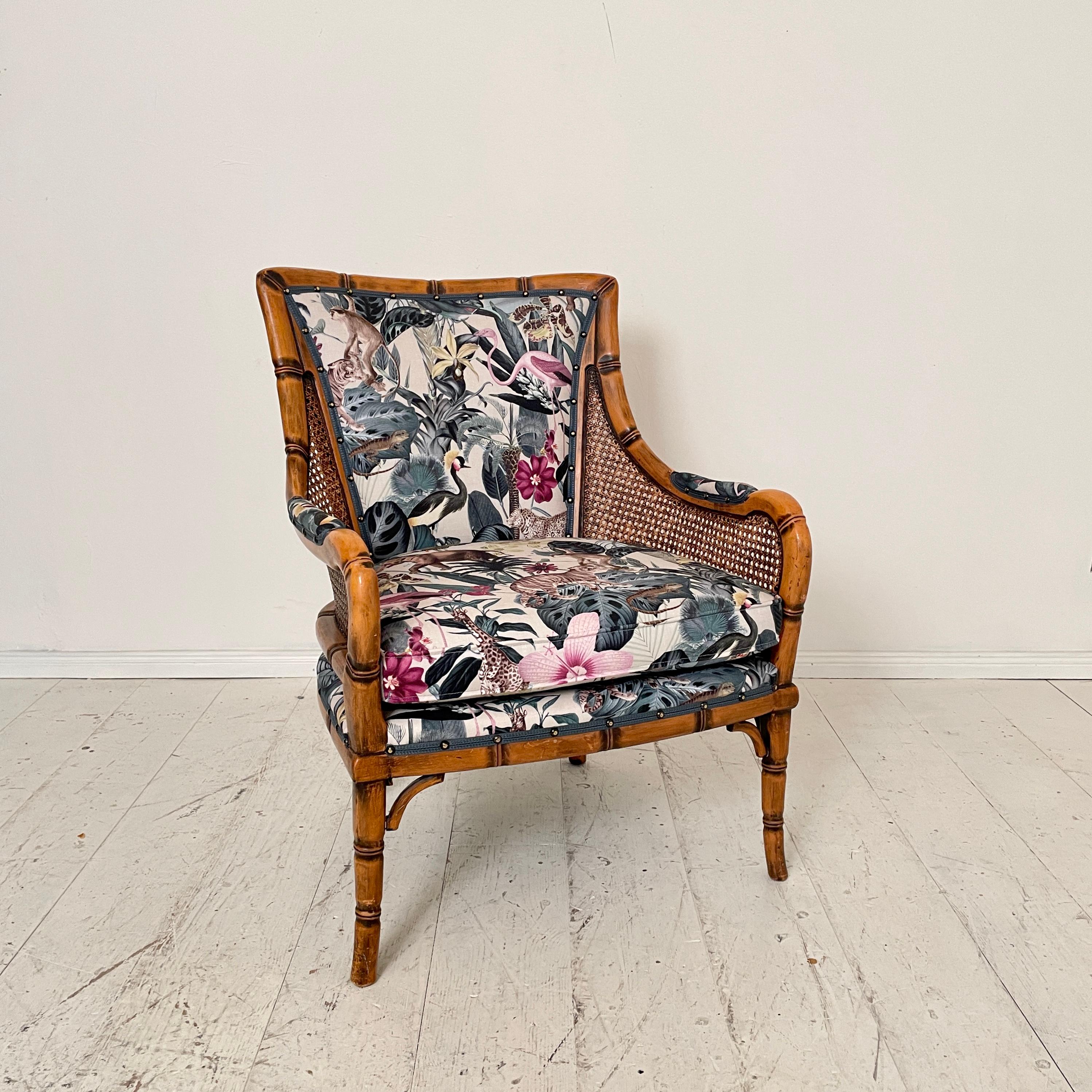 Mid-Century French Armchair in Bamboo Style with Animal Print Fabric, 1970 For Sale 9