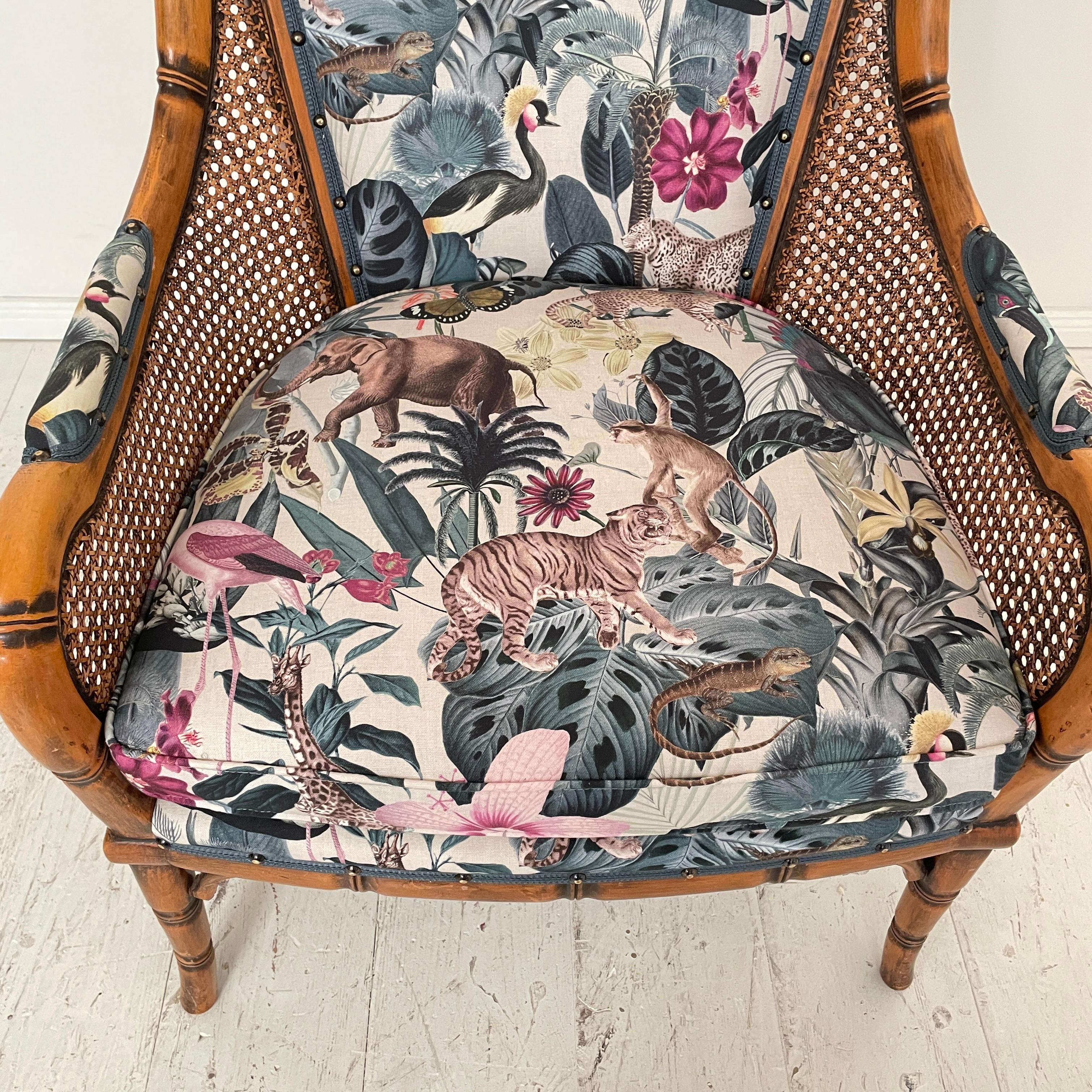Mid-Century French Armchair in Bamboo Style with Animal Print Fabric, 1970 For Sale 10