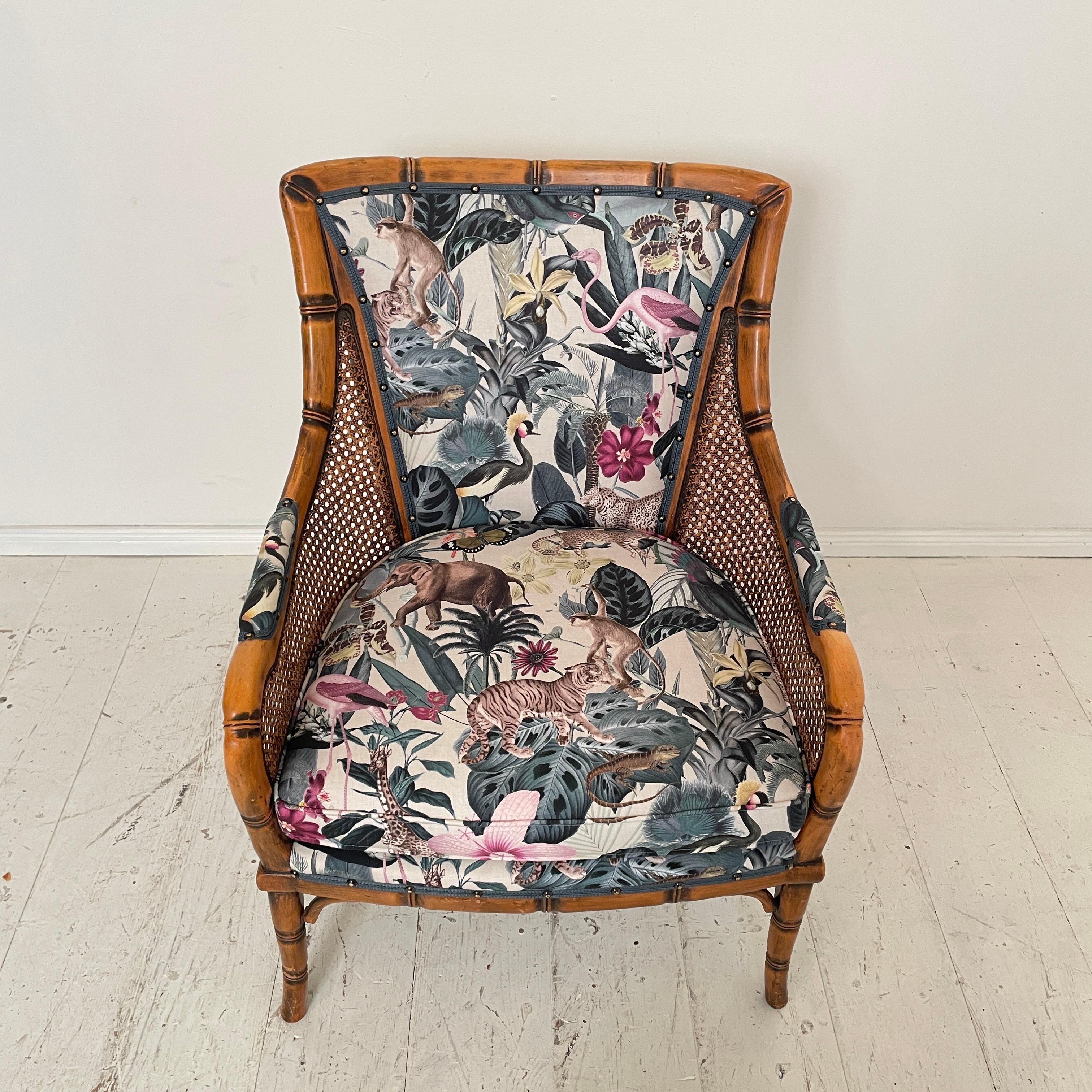 Mid-Century French Armchair in Bamboo Style with Animal Print Fabric, 1970 For Sale 11