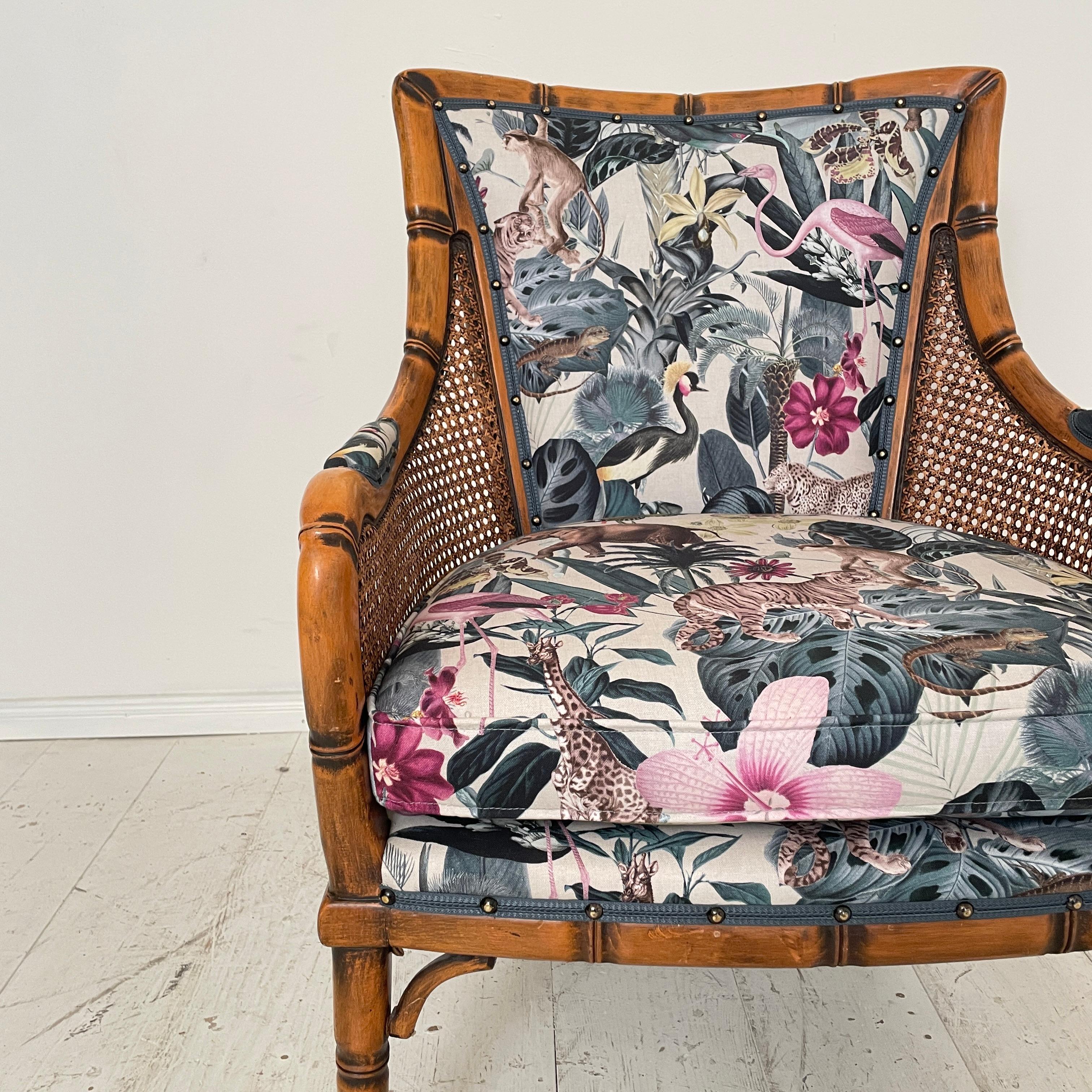 Art Deco Mid-Century French Armchair in Bamboo Style with Animal Print Fabric, 1970 For Sale