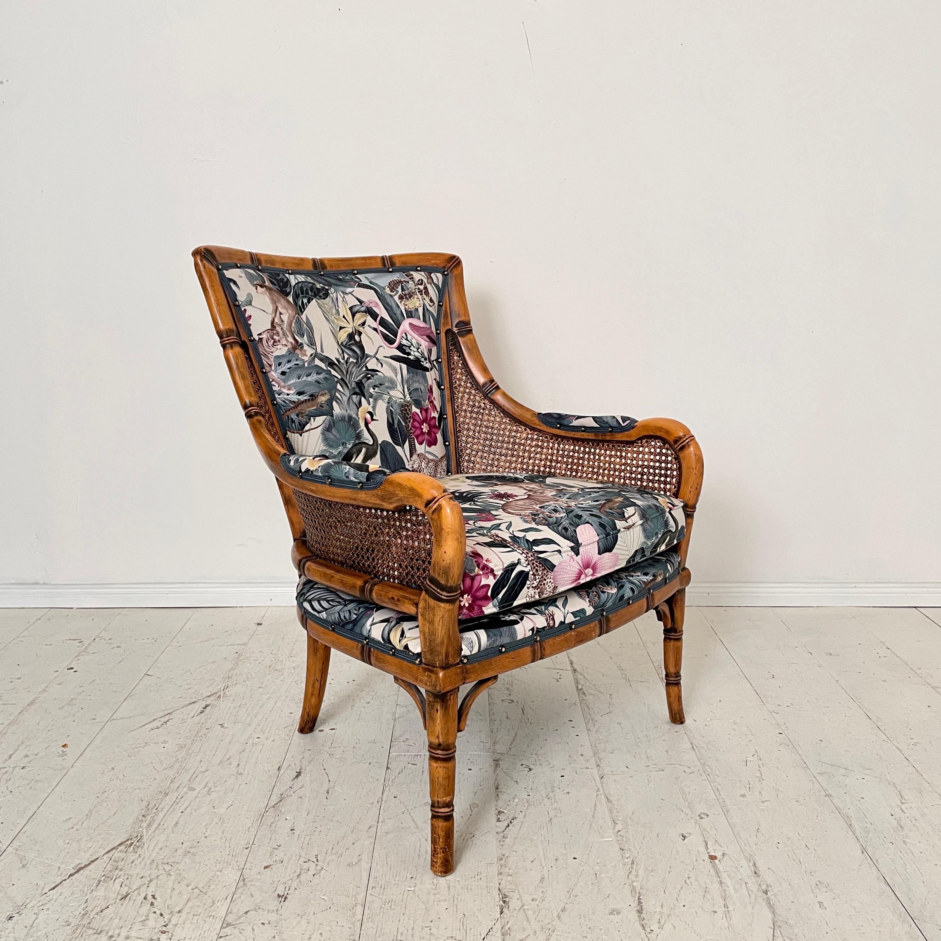 Mid-Century French Armchair in Bamboo Style with Animal Print Fabric, 1970 In Good Condition For Sale In Berlin, DE