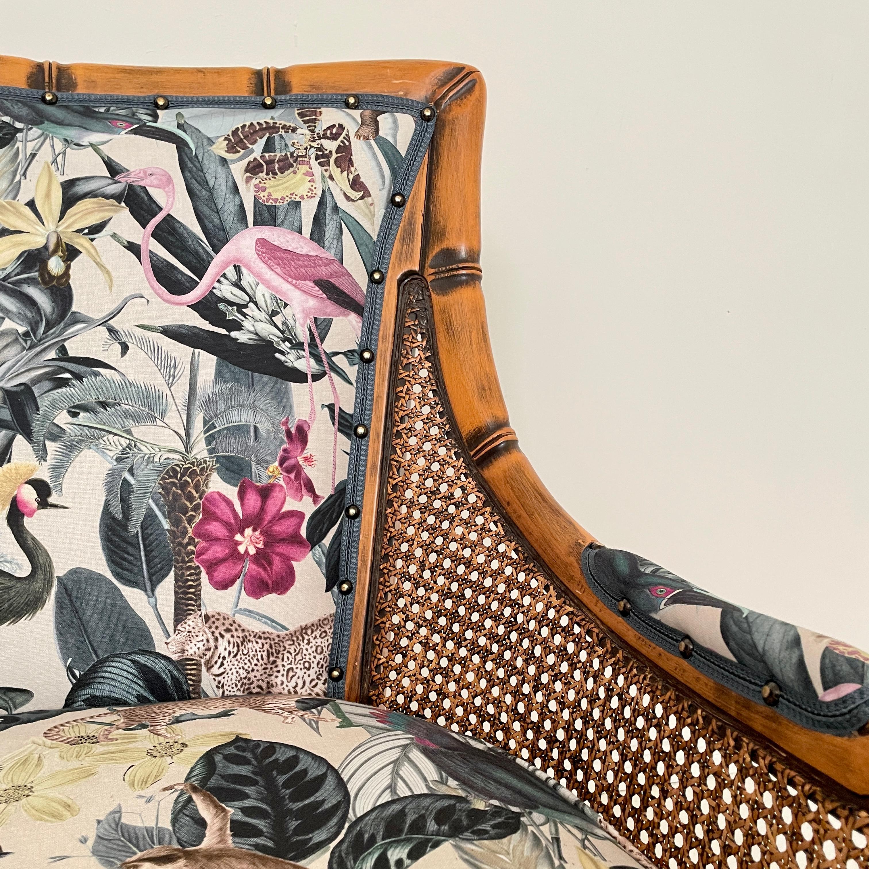 Late 20th Century Mid-Century French Armchair in Bamboo Style with Animal Print Fabric, 1970 For Sale