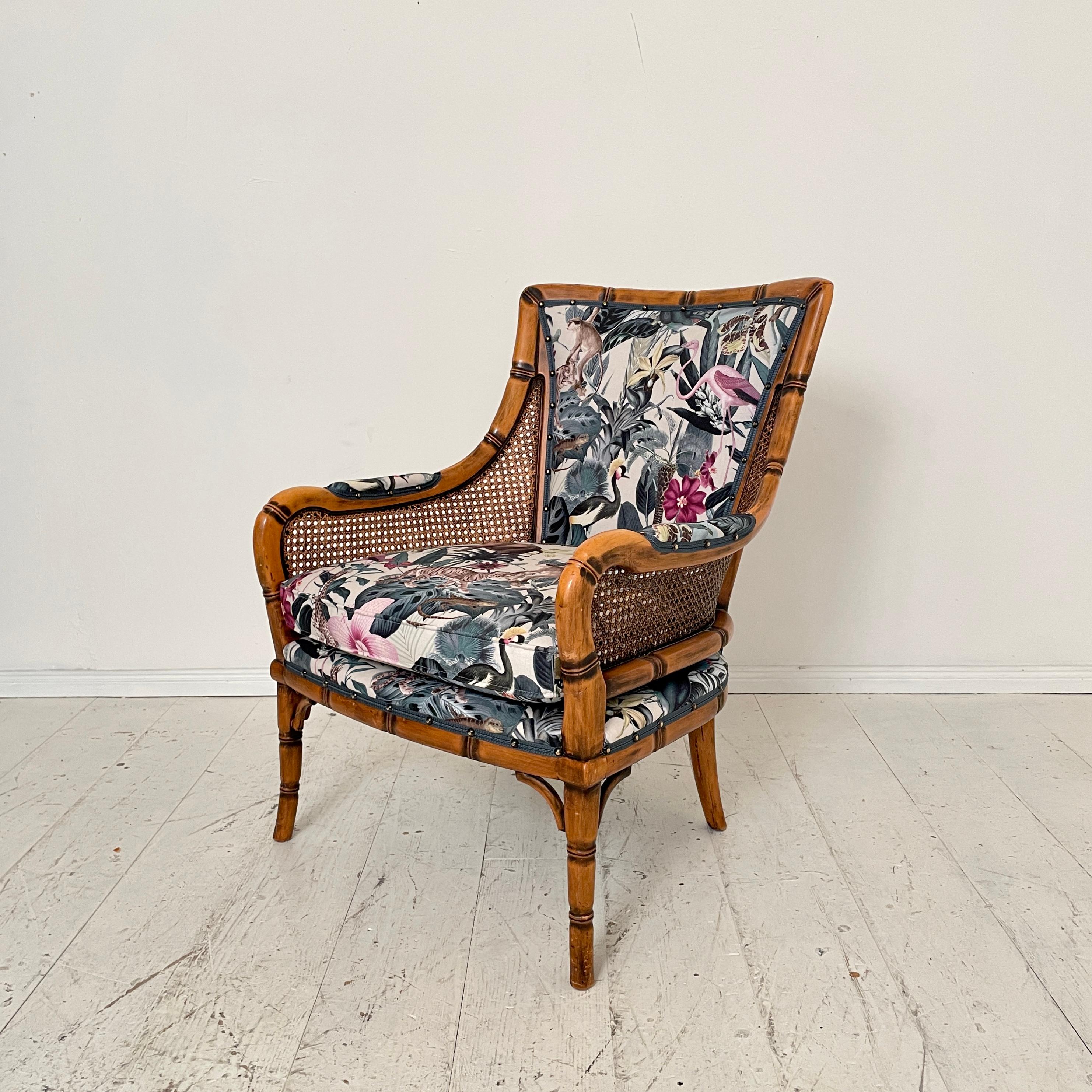 Beech Mid-Century French Armchair in Bamboo Style with Animal Print Fabric, 1970 For Sale