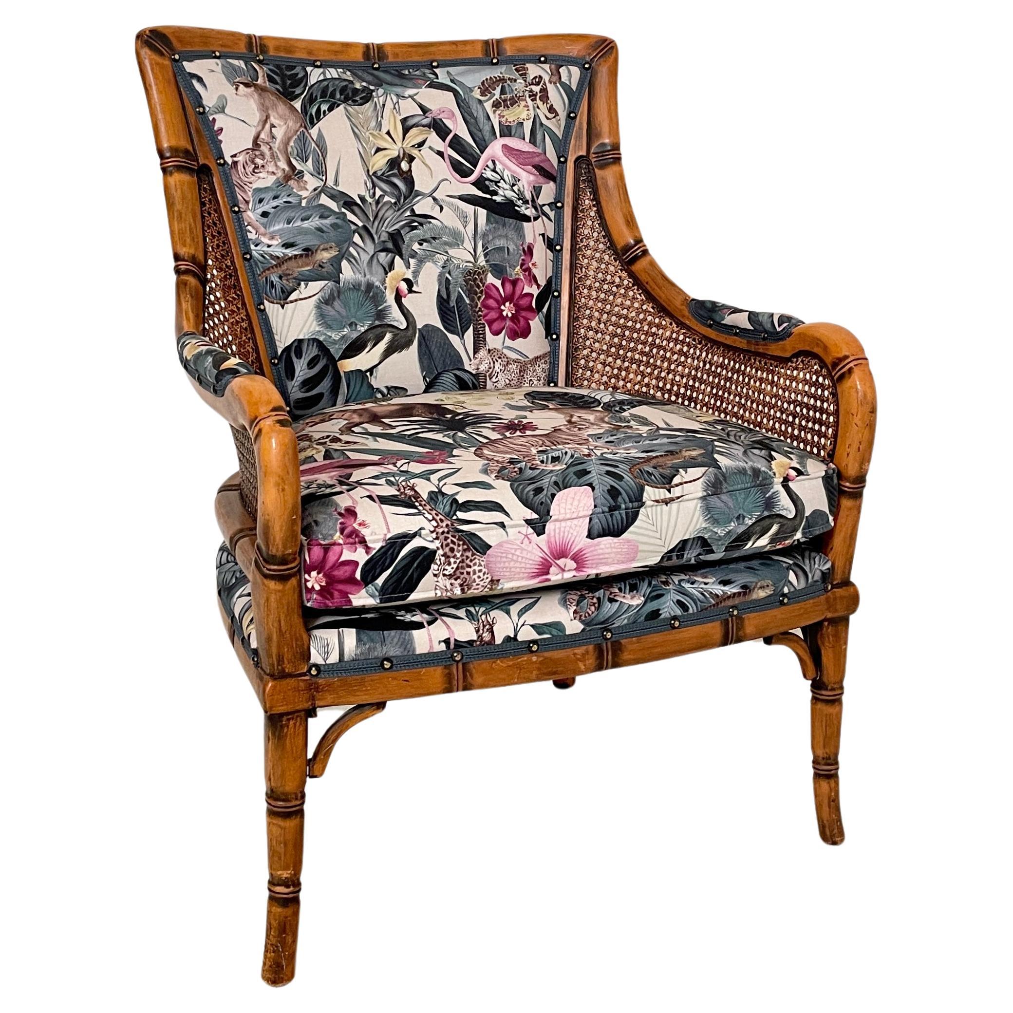 Mid-Century French Armchair in Bamboo Style with Animal Print Fabric, 1970 For Sale