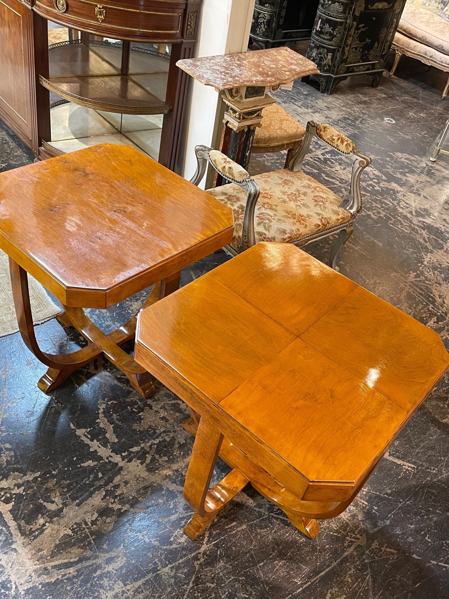 Lovely midcentury French Art Deco alderwood side tables. Great scale and shape on these as well as a gorgeous finish! Note: Price listed is per item.