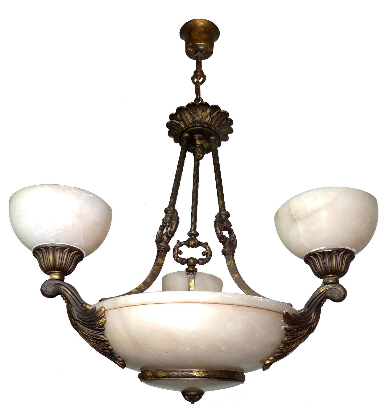 Carved Midcentury French Art Deco and Neoclassical White Marble, Gilt Chandelier For Sale