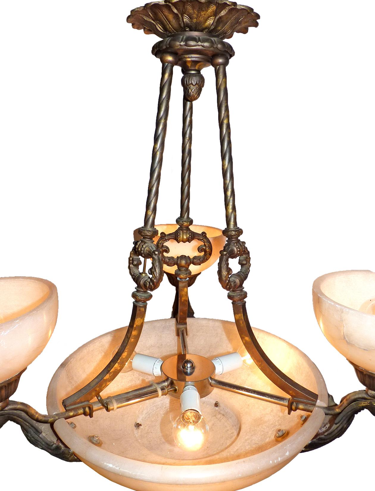 20th Century Midcentury French Art Deco and Neoclassical White Marble, Gilt Chandelier For Sale