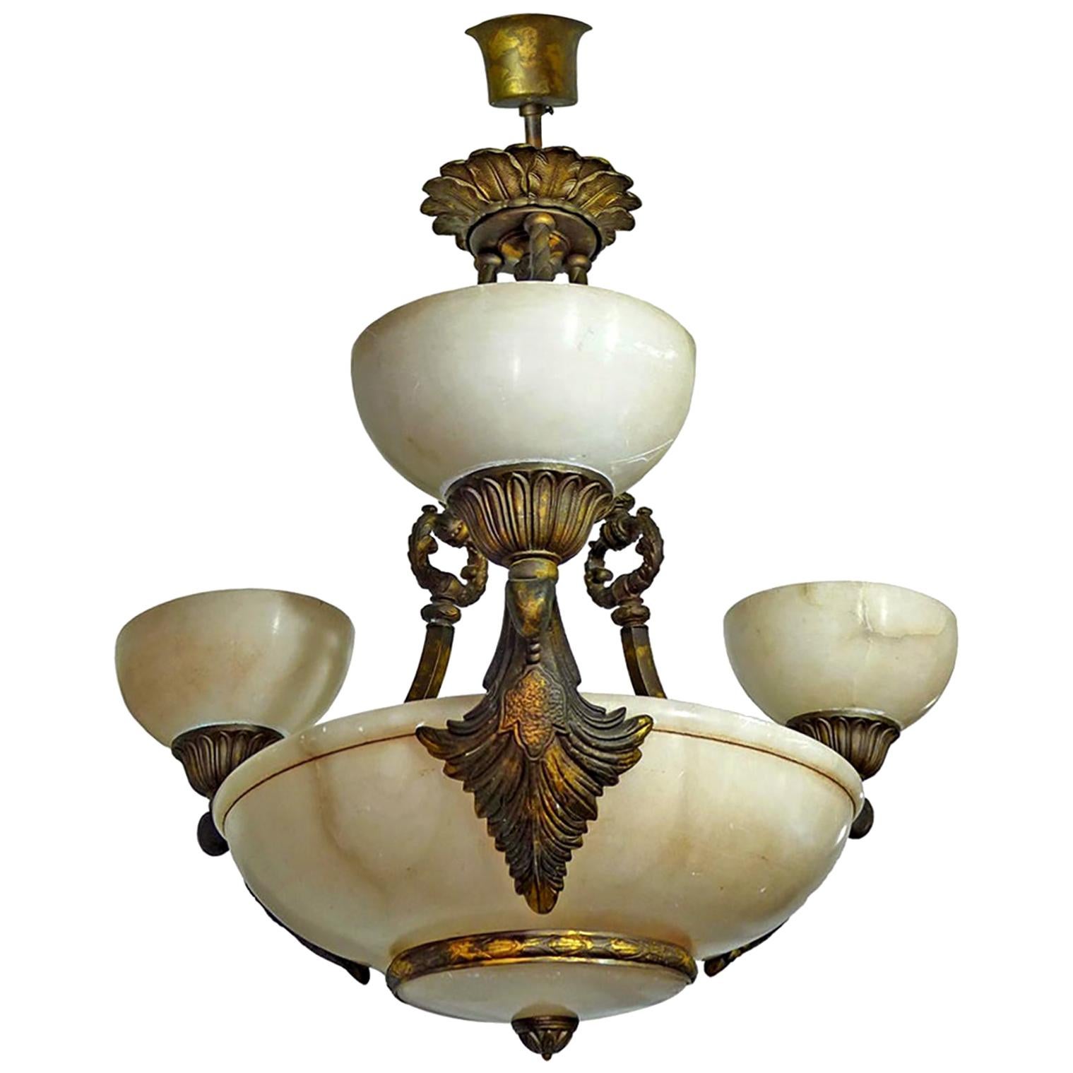Midcentury French Art Deco and Neoclassical White Marble, Gilt Chandelier