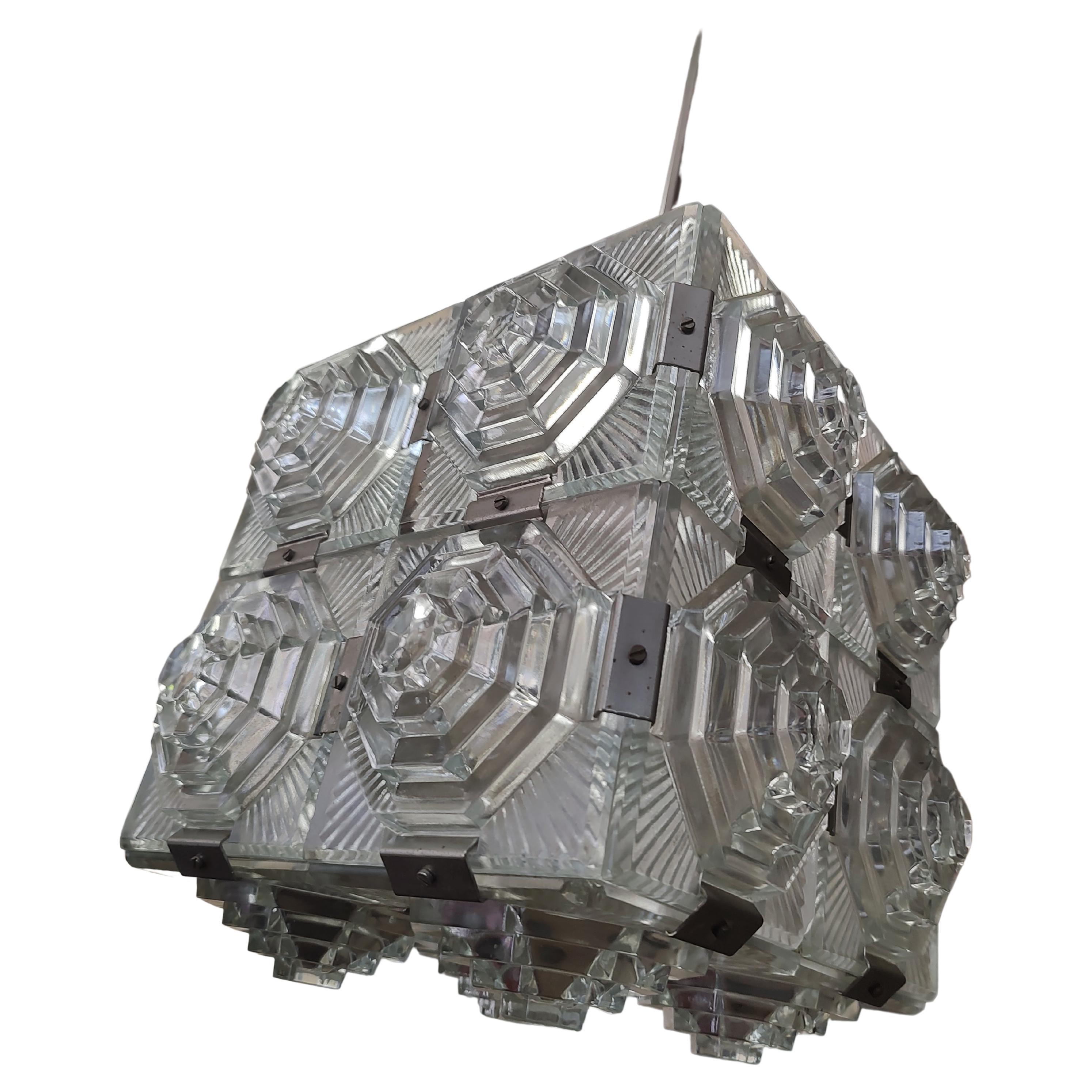 Mid-20th Century Midcentury French Art Deco Faceted Cubist Stylized Pendant Chandelier  For Sale