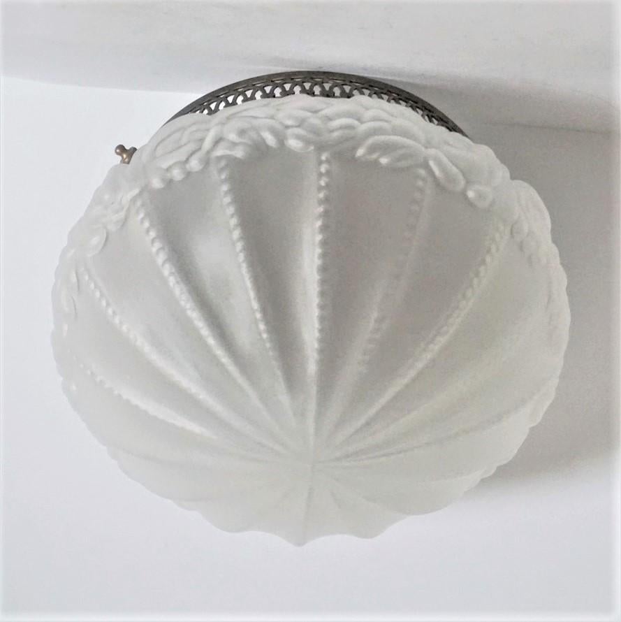 French Art Deco Frosted Glass Two-light Flush Mount, Ceiling Light In Good Condition In Frankfurt am Main, DE