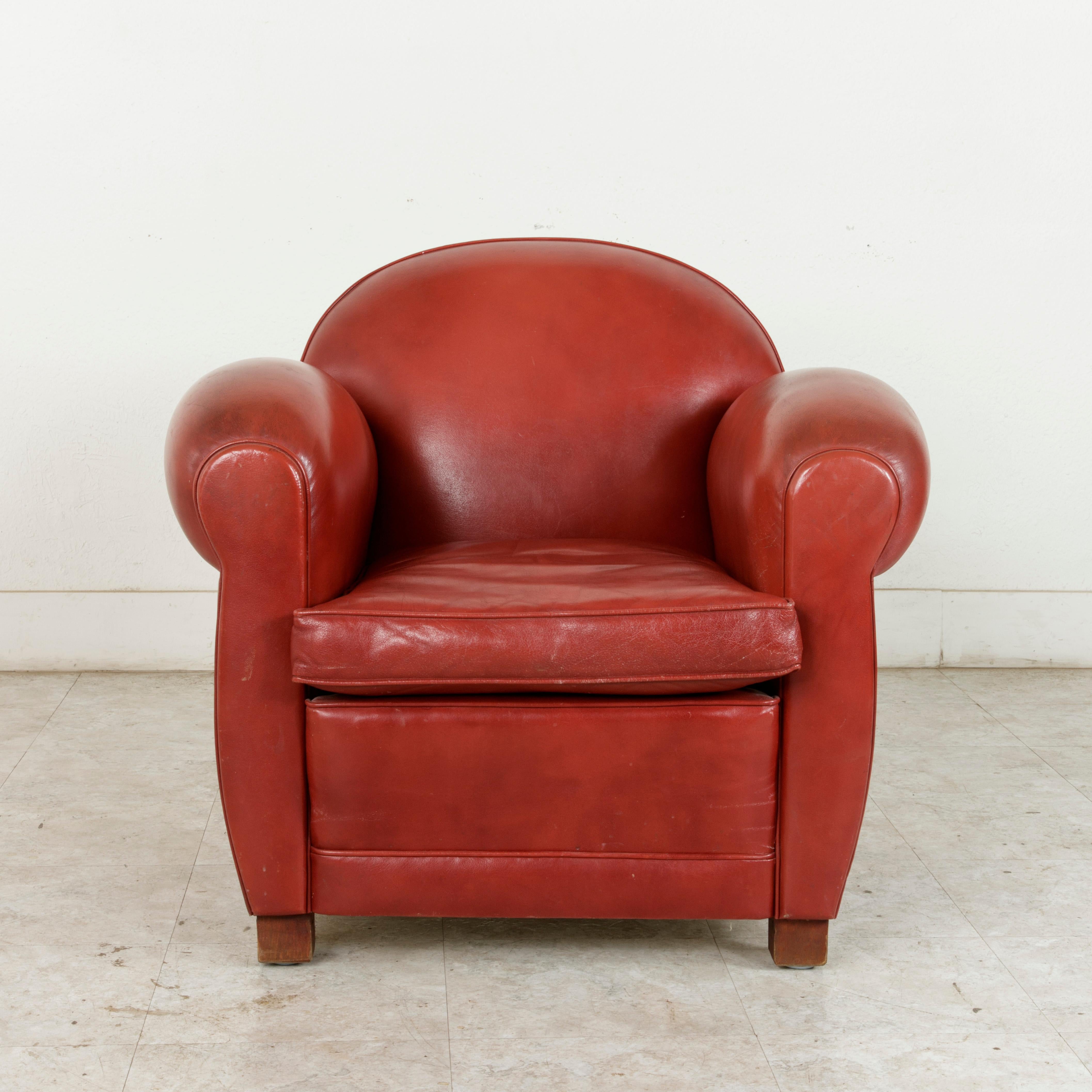 Midcentury French Art Deco Red Leather Club Chair or Lounge Chair, circa 1950 In Good Condition In Fayetteville, AR