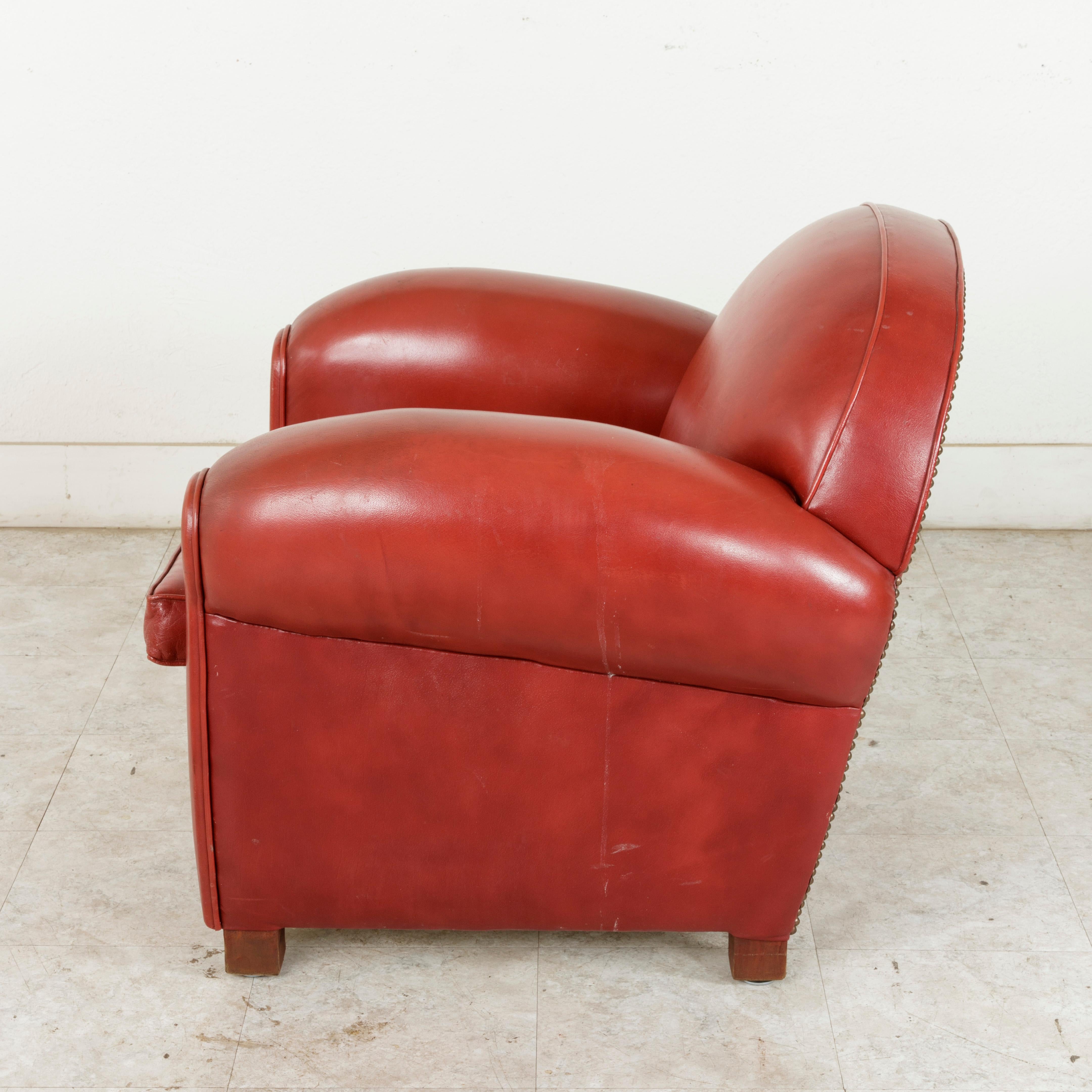 20th Century Midcentury French Art Deco Red Leather Club Chair or Lounge Chair, circa 1950
