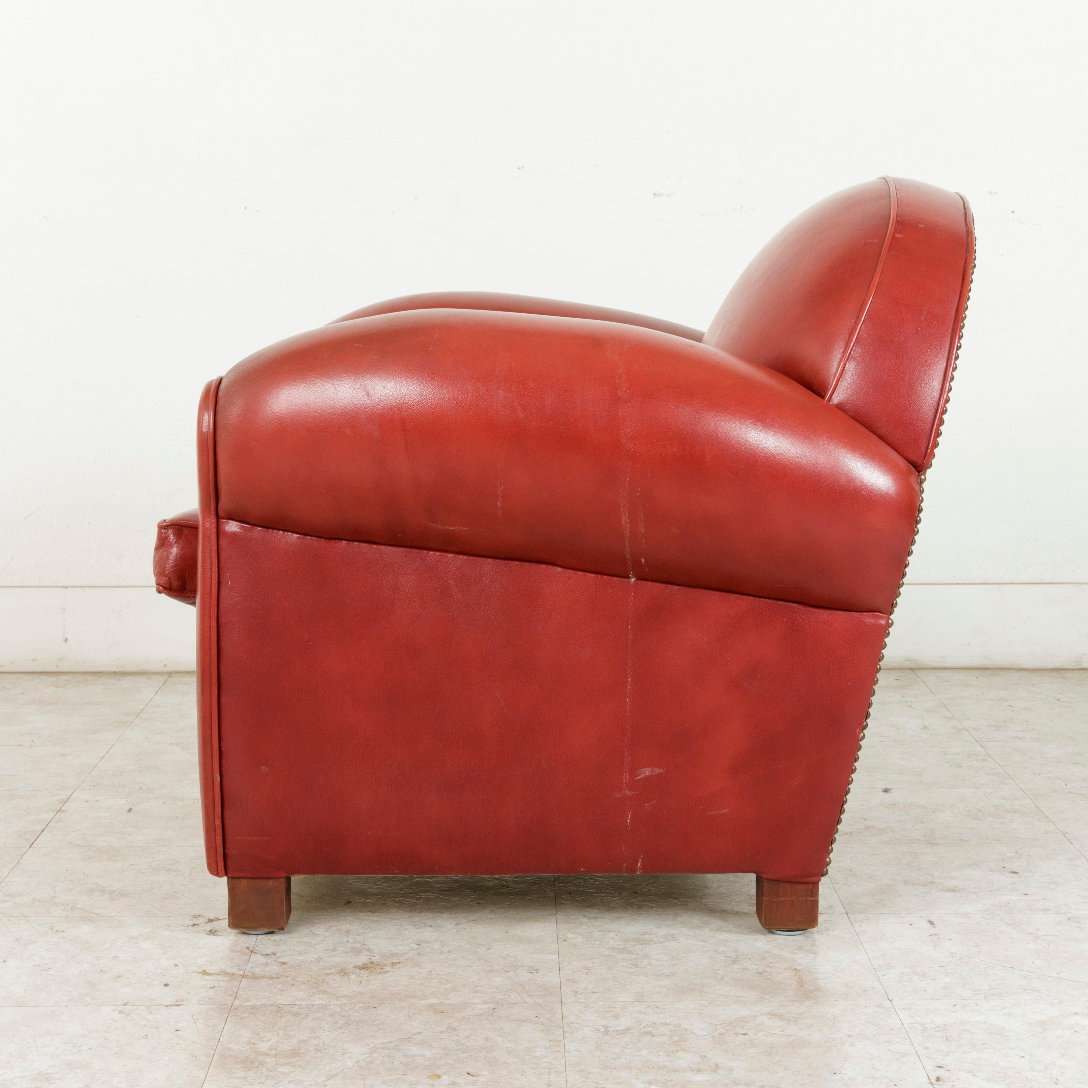 Midcentury French Art Deco Red Leather Club Chair or Lounge Chair, circa 1950 1