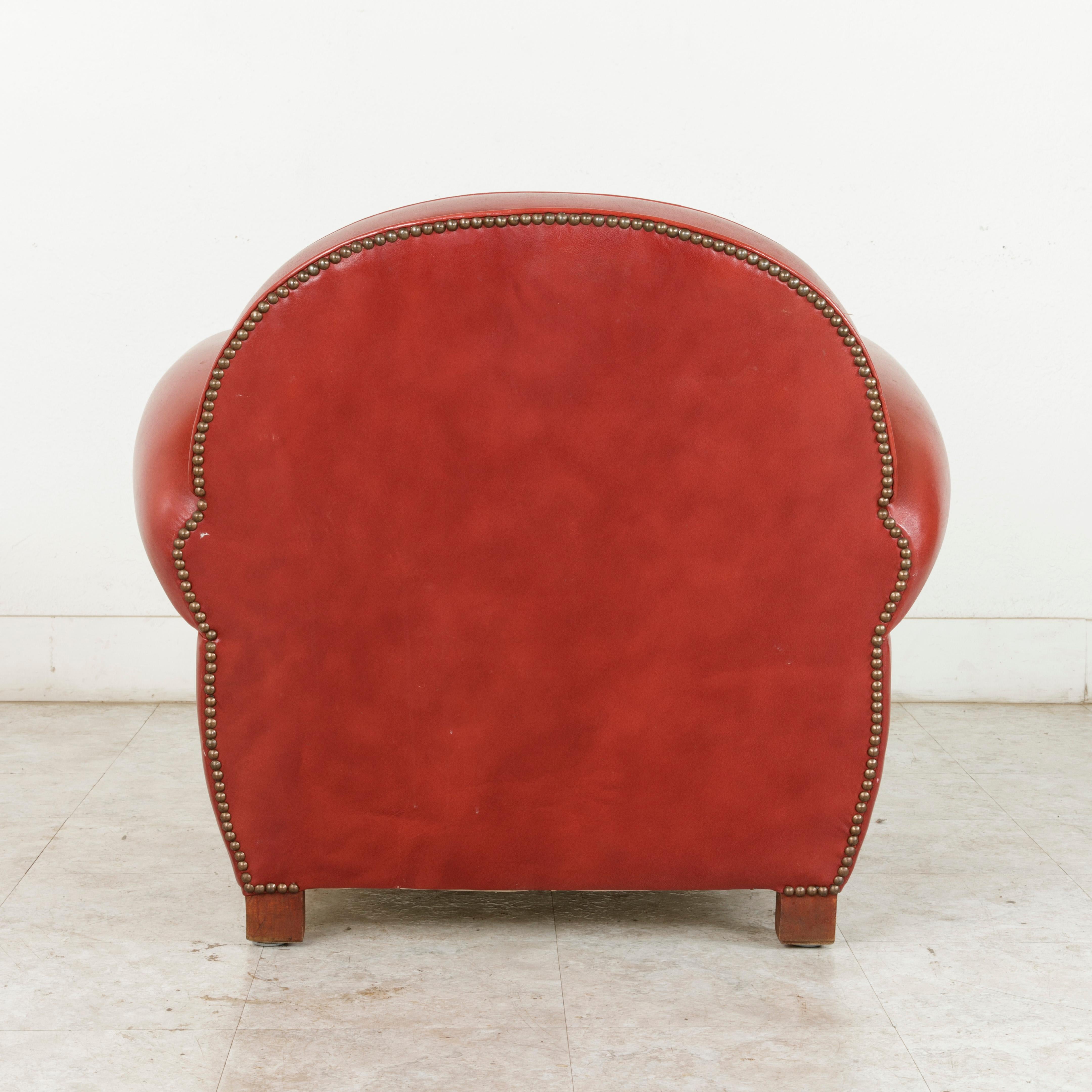 Midcentury French Art Deco Red Leather Club Chair or Lounge Chair, circa 1950 2