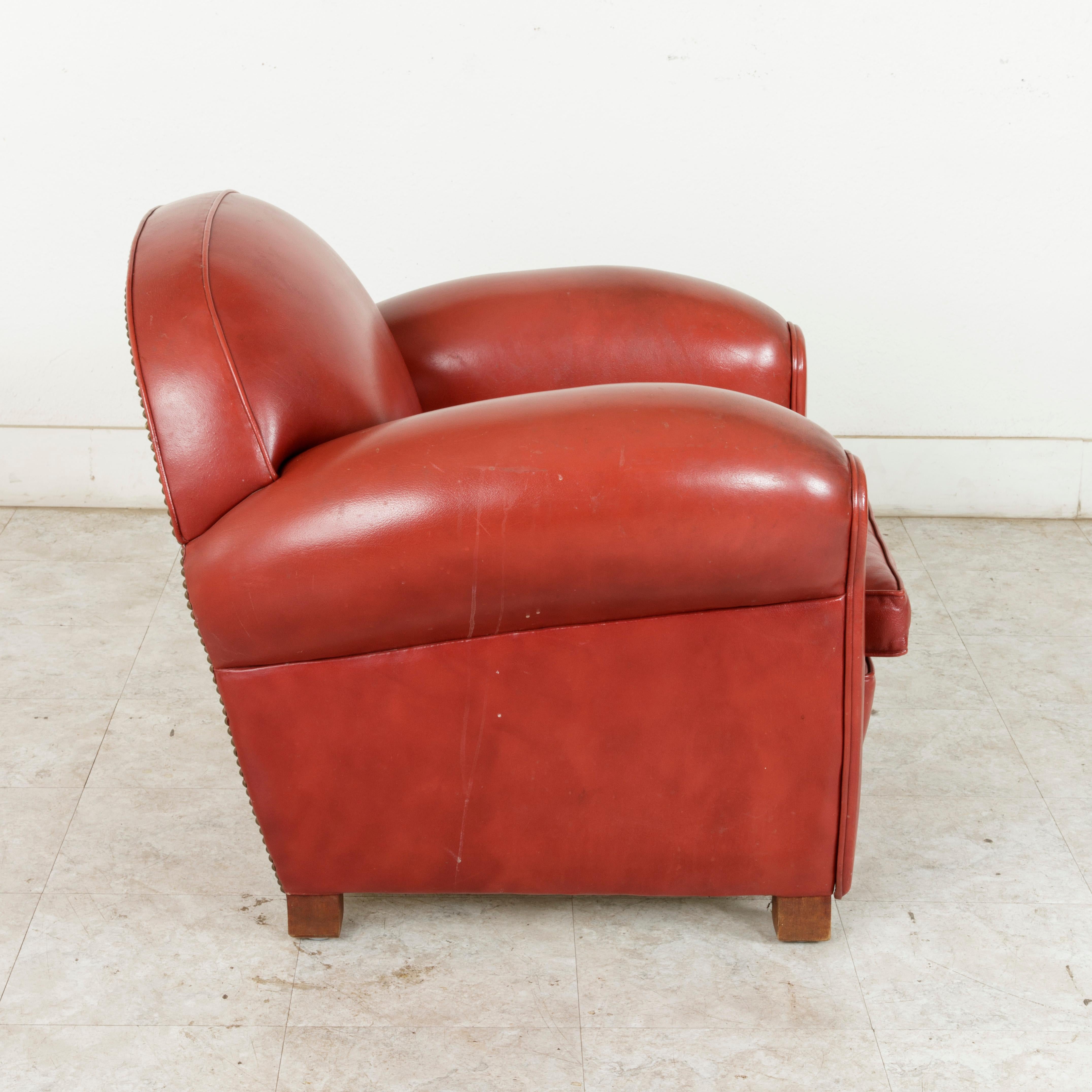 Midcentury French Art Deco Red Leather Club Chair or Lounge Chair, circa 1950 3