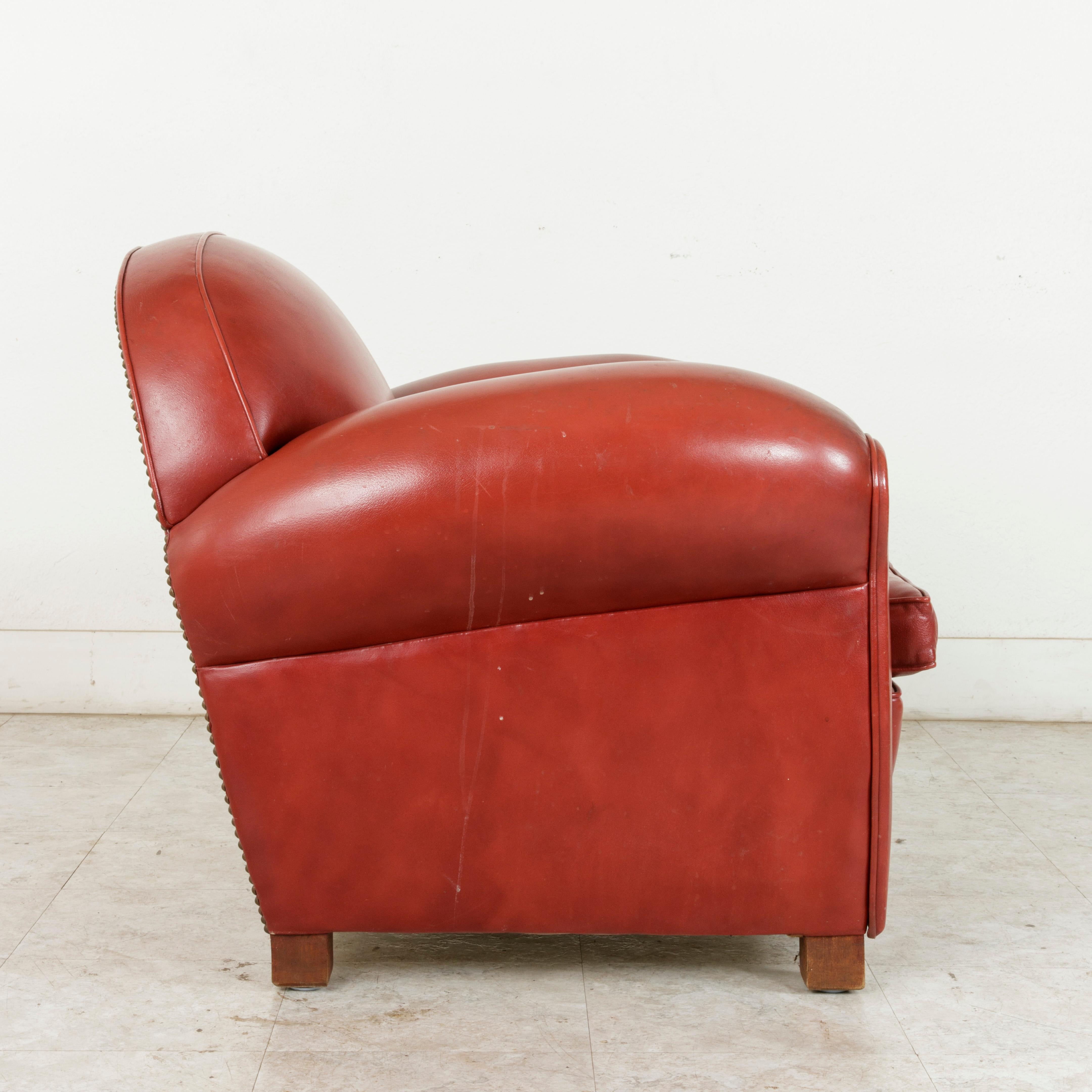 Midcentury French Art Deco Red Leather Club Chair or Lounge Chair, circa 1950 4