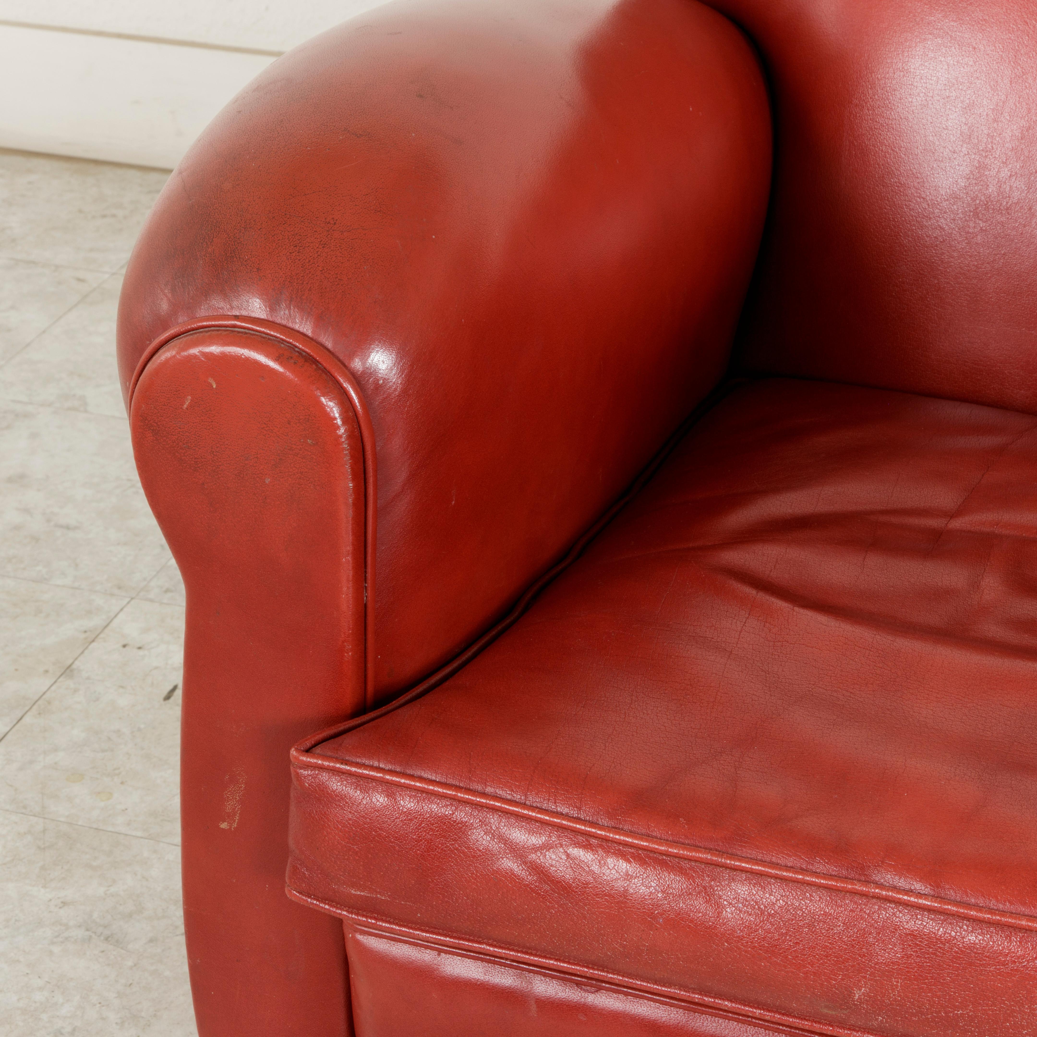 Midcentury French Art Deco Red Leather Club Chair or Lounge Chair, circa 1950 5