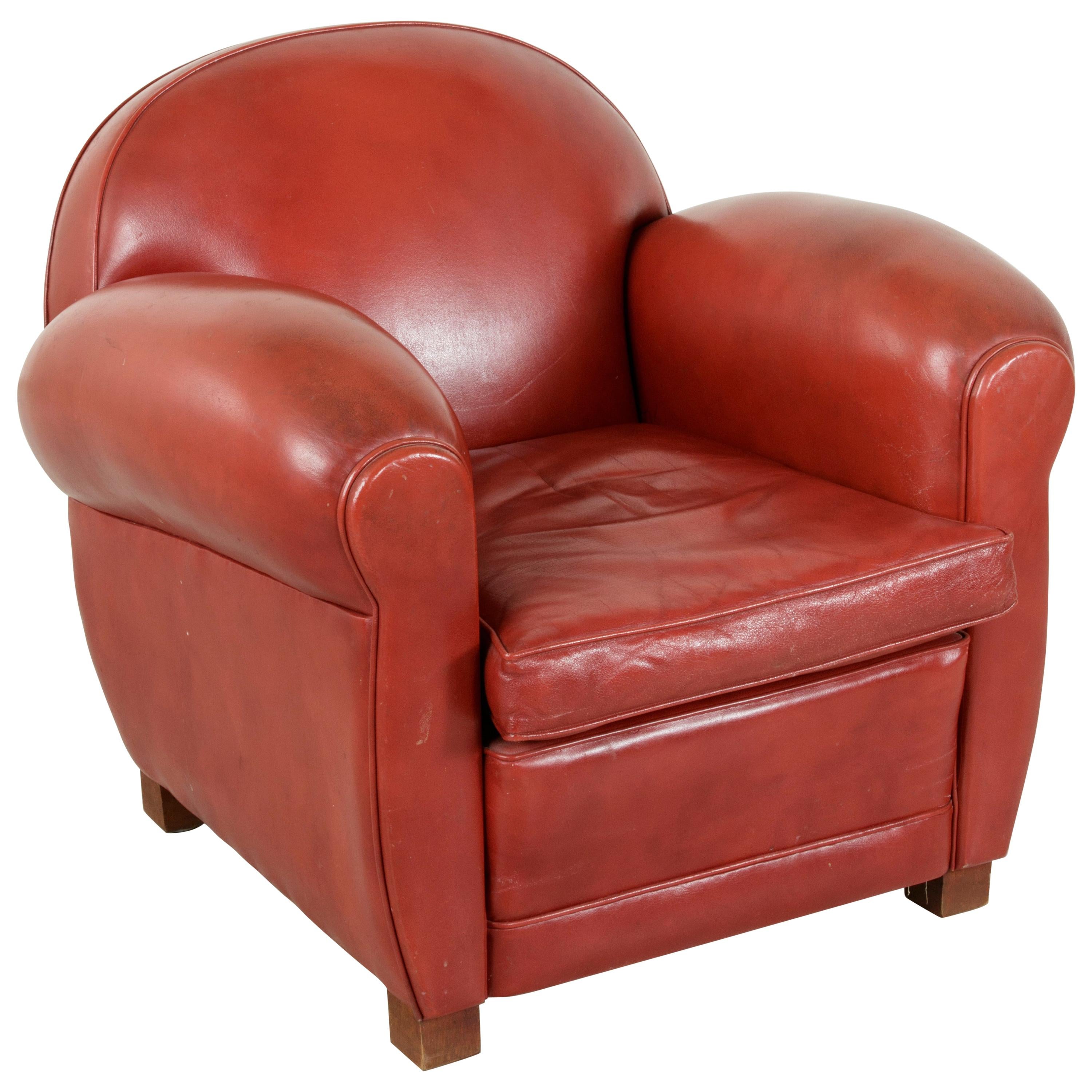 Midcentury French Art Deco Red Leather Club Chair or Lounge Chair, circa 1950
