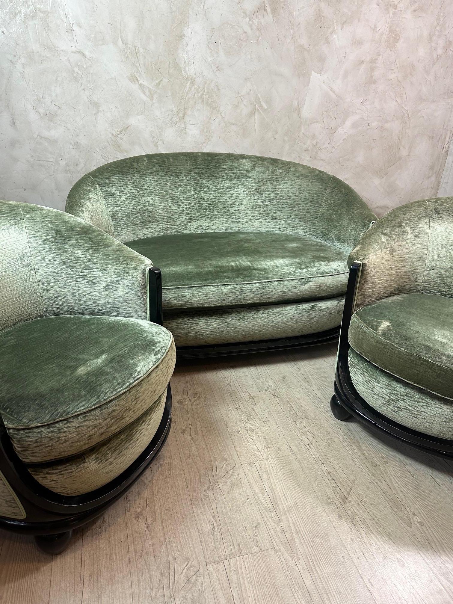 Art Deco Mid-century French Art deco Set of a two-seats Sofa and Two Armchairs, 1930s For Sale