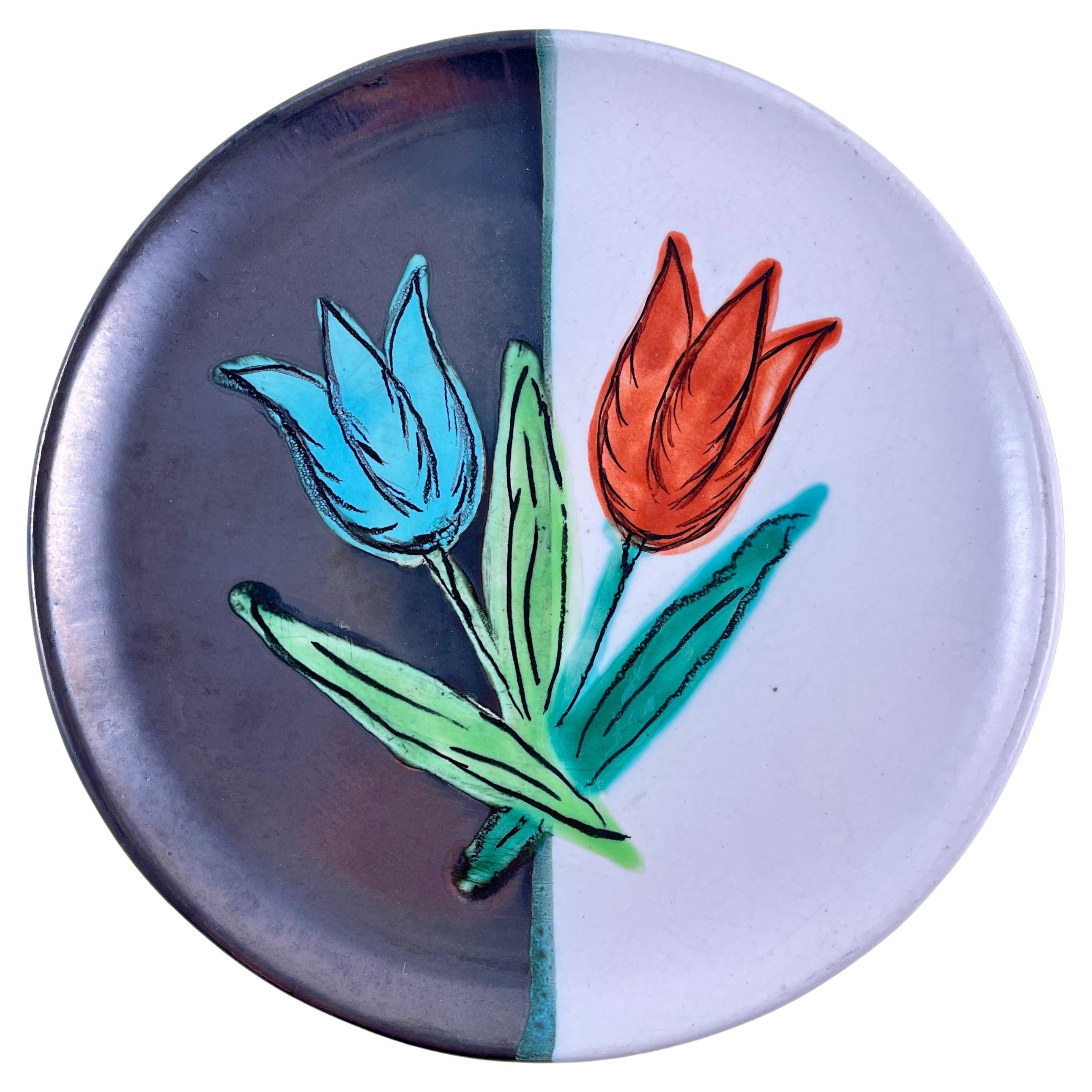 Mid-Century French Atelier Cérenne à Vallauris Hand Made Signed Tulip Plate For Sale