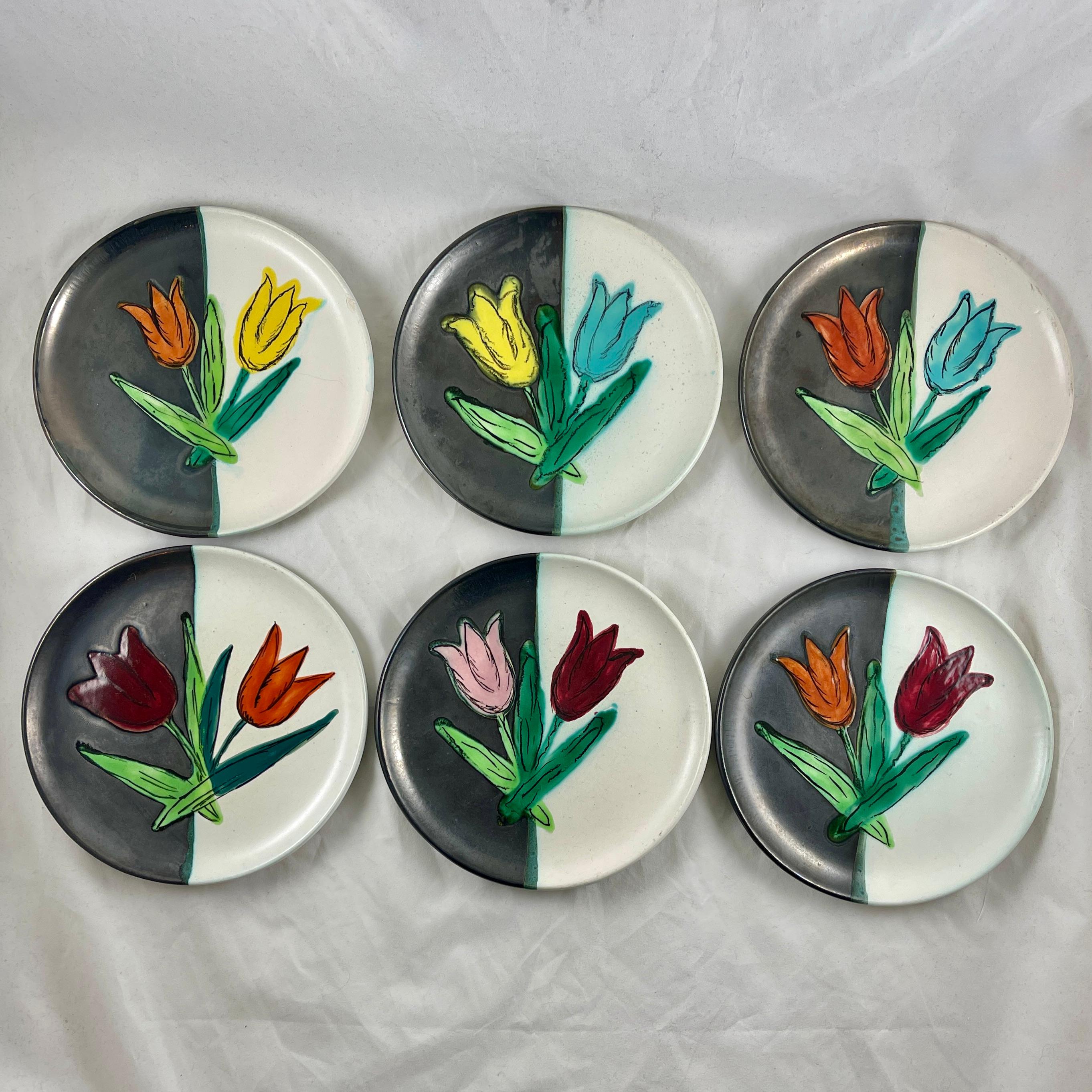 Mid-Century French Atelier Cérenne à Vallauris Signed Tulip Plates, S/6  3