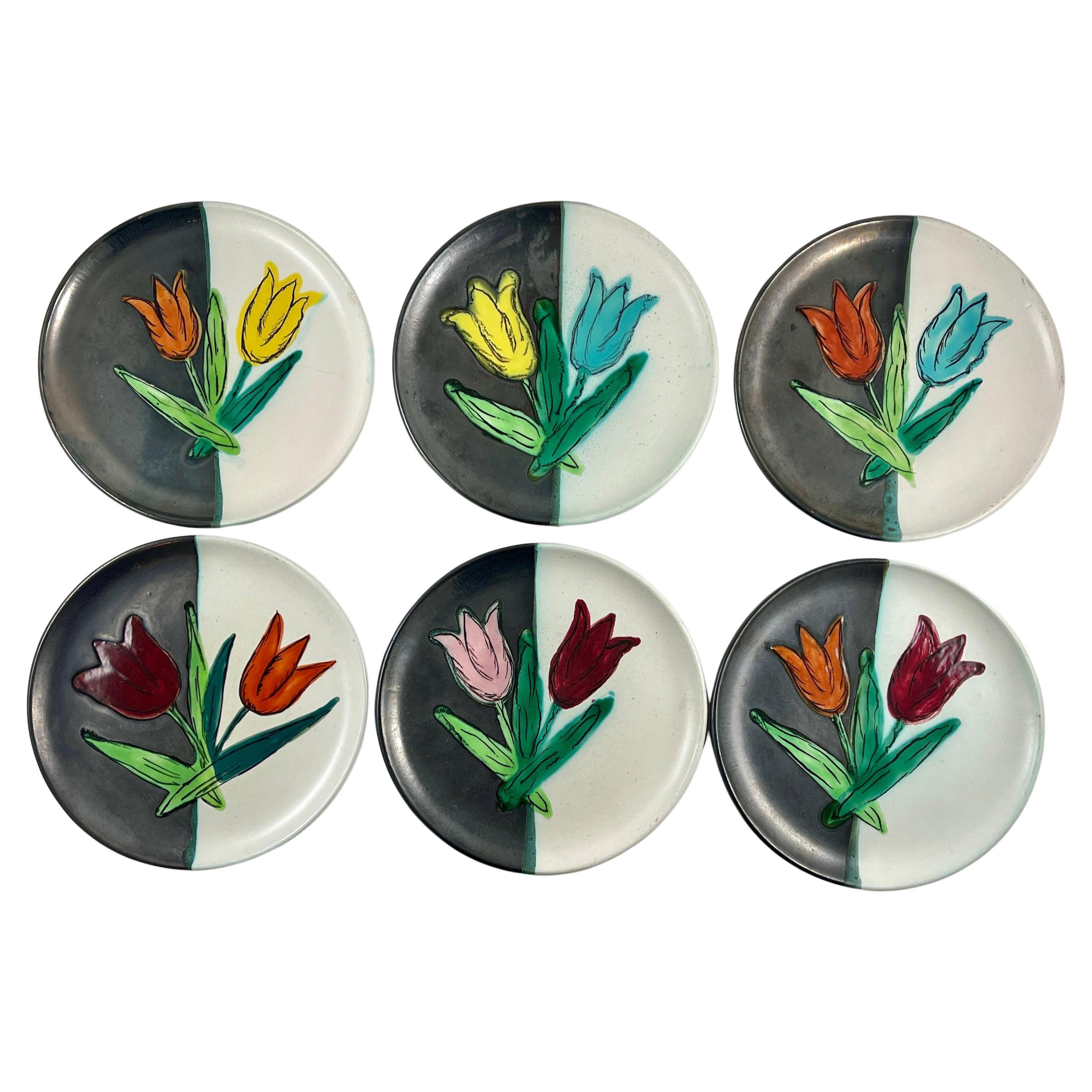 Mid-Century French Atelier Cérenne à Vallauris Signed Tulip Plates, S/6 