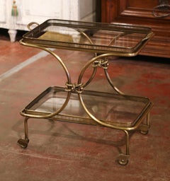 Mid-Century French Bagues Style Brass Bar Cart on Wheels with Removable Tray