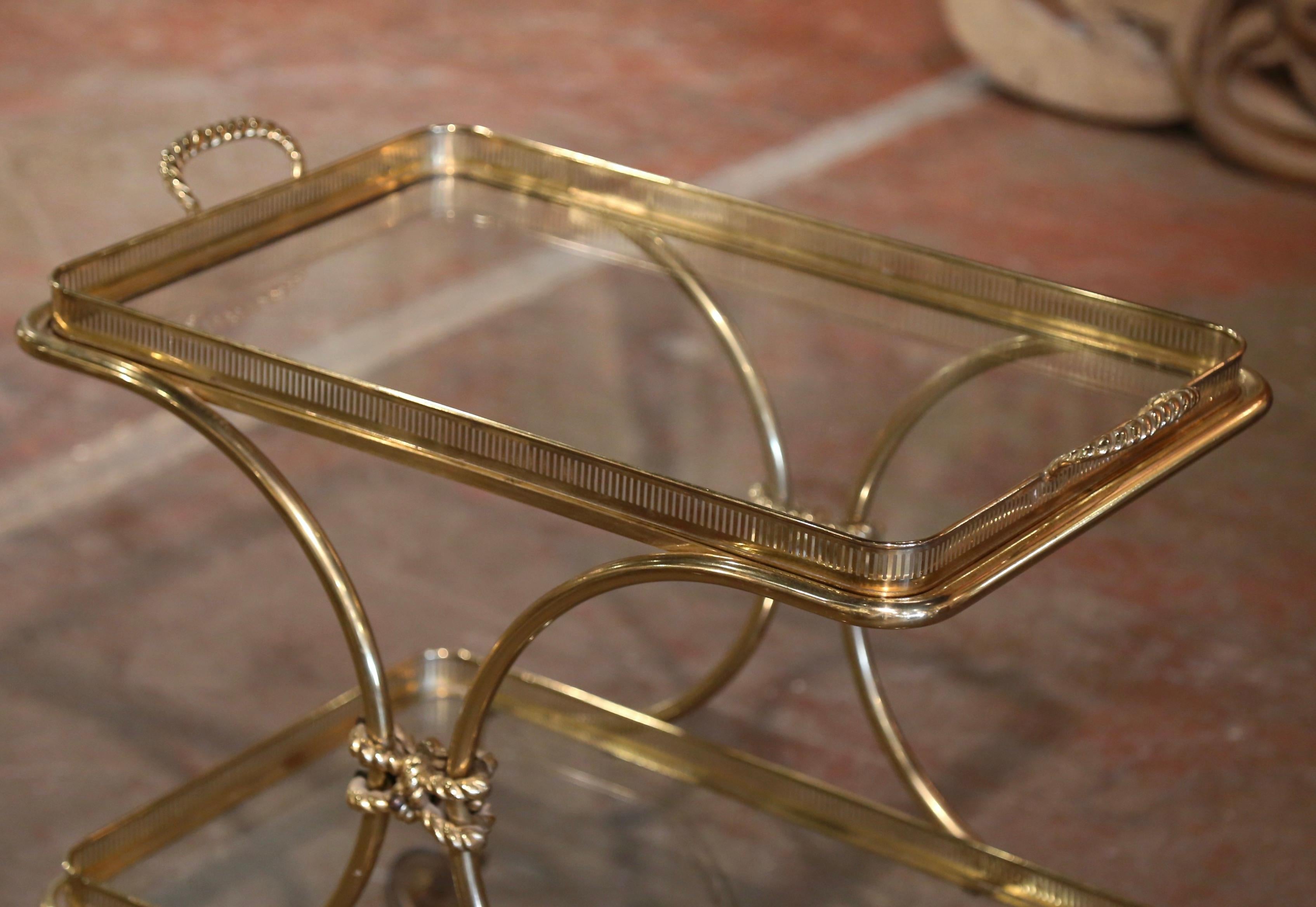 Art Deco Mid-Century French Bagues Style Brass Bar Cart on Wheels with Removable Tray For Sale