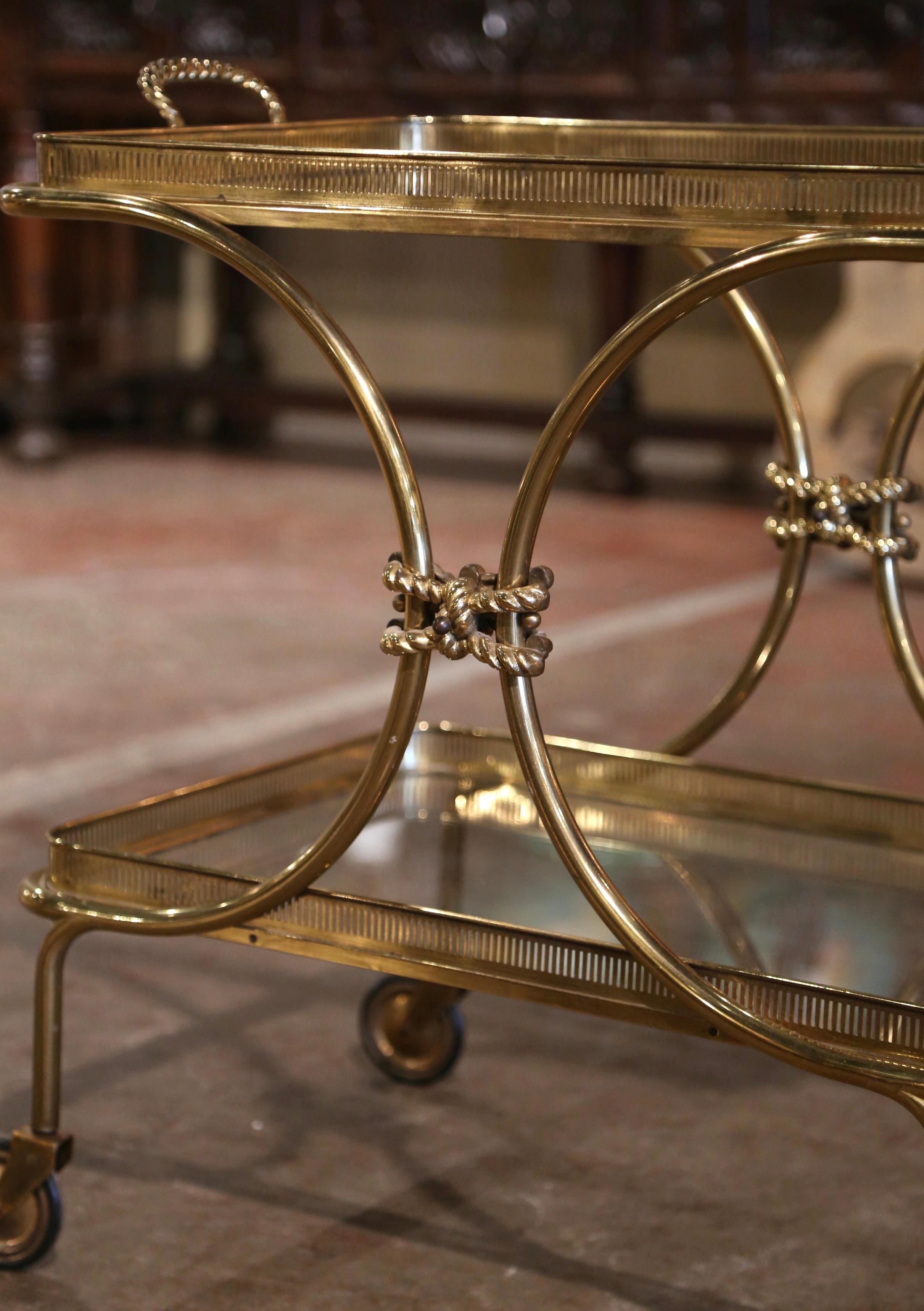 Hand-Crafted Mid-Century French Bagues Style Brass Bar Cart on Wheels with Removable Tray For Sale