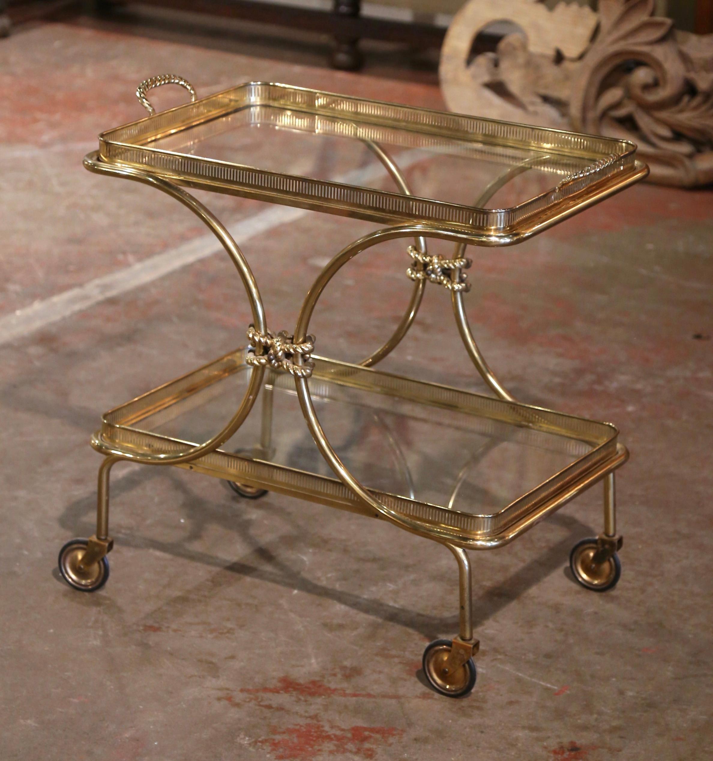 Mid-Century French Bagues Style Brass Bar Cart on Wheels with Removable Tray In Excellent Condition For Sale In Dallas, TX