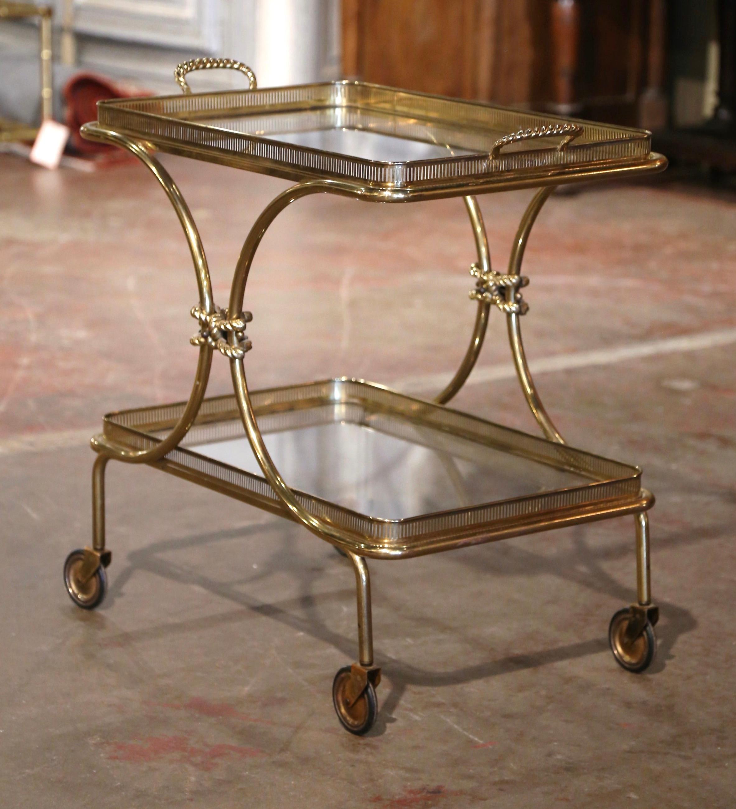 20th Century Mid-Century French Bagues Style Brass Bar Cart on Wheels with Removable Tray For Sale