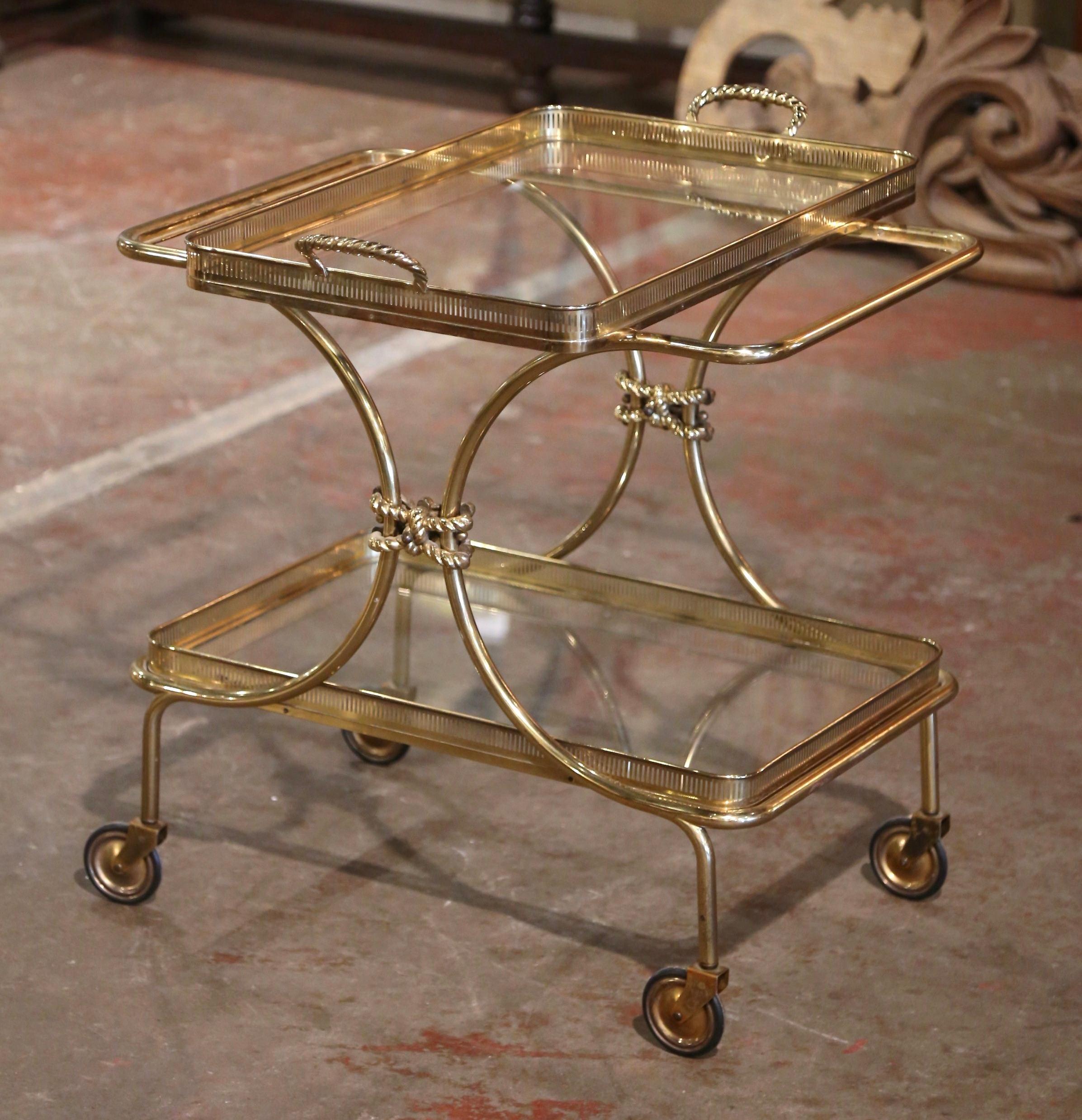 Mid-Century French Bagues Style Brass Bar Cart on Wheels with Removable Tray For Sale 1