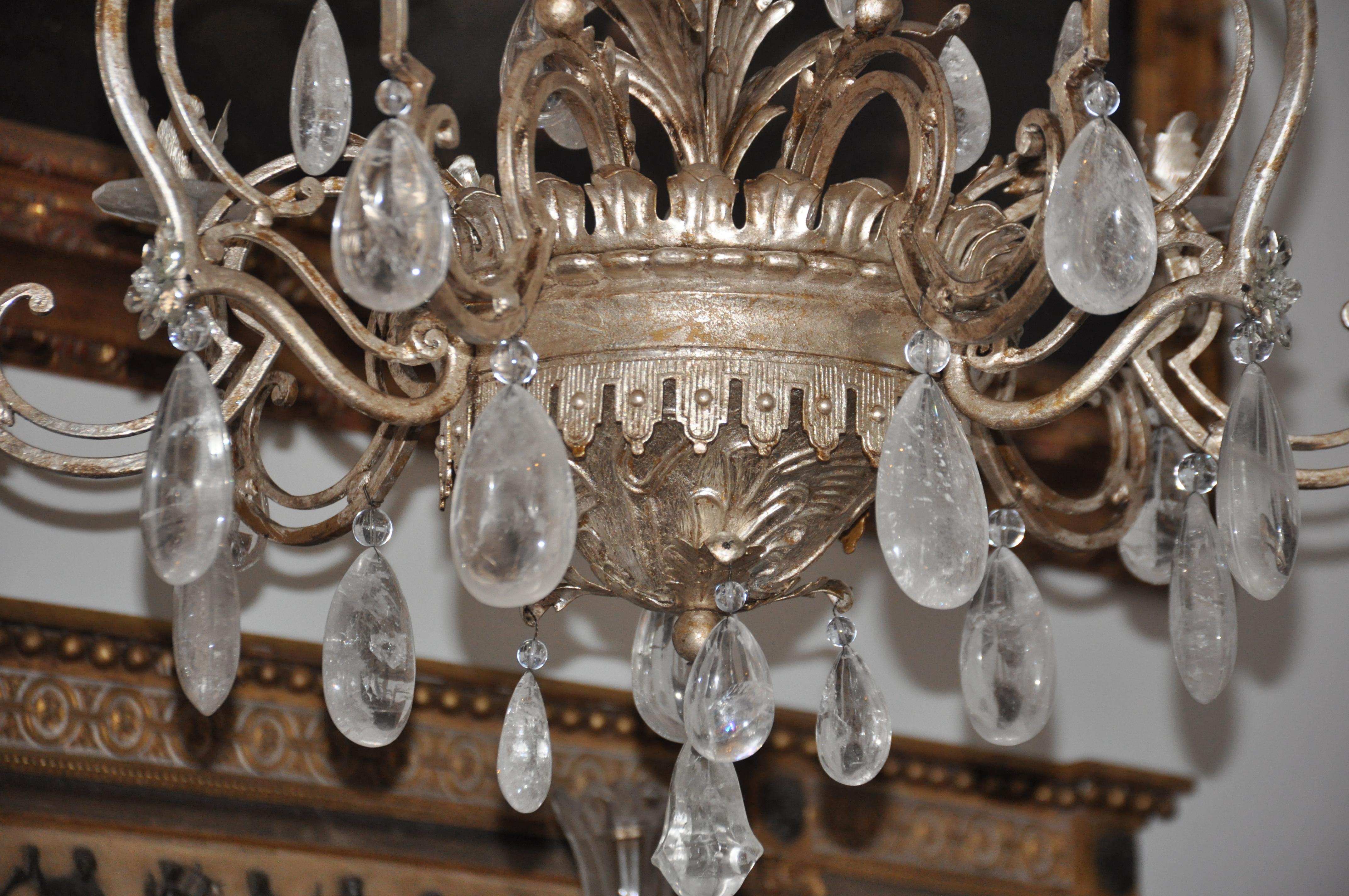 Silvered Mid-Century French Bagues Style Silver Iron Rock Crystal Chandelier For Sale