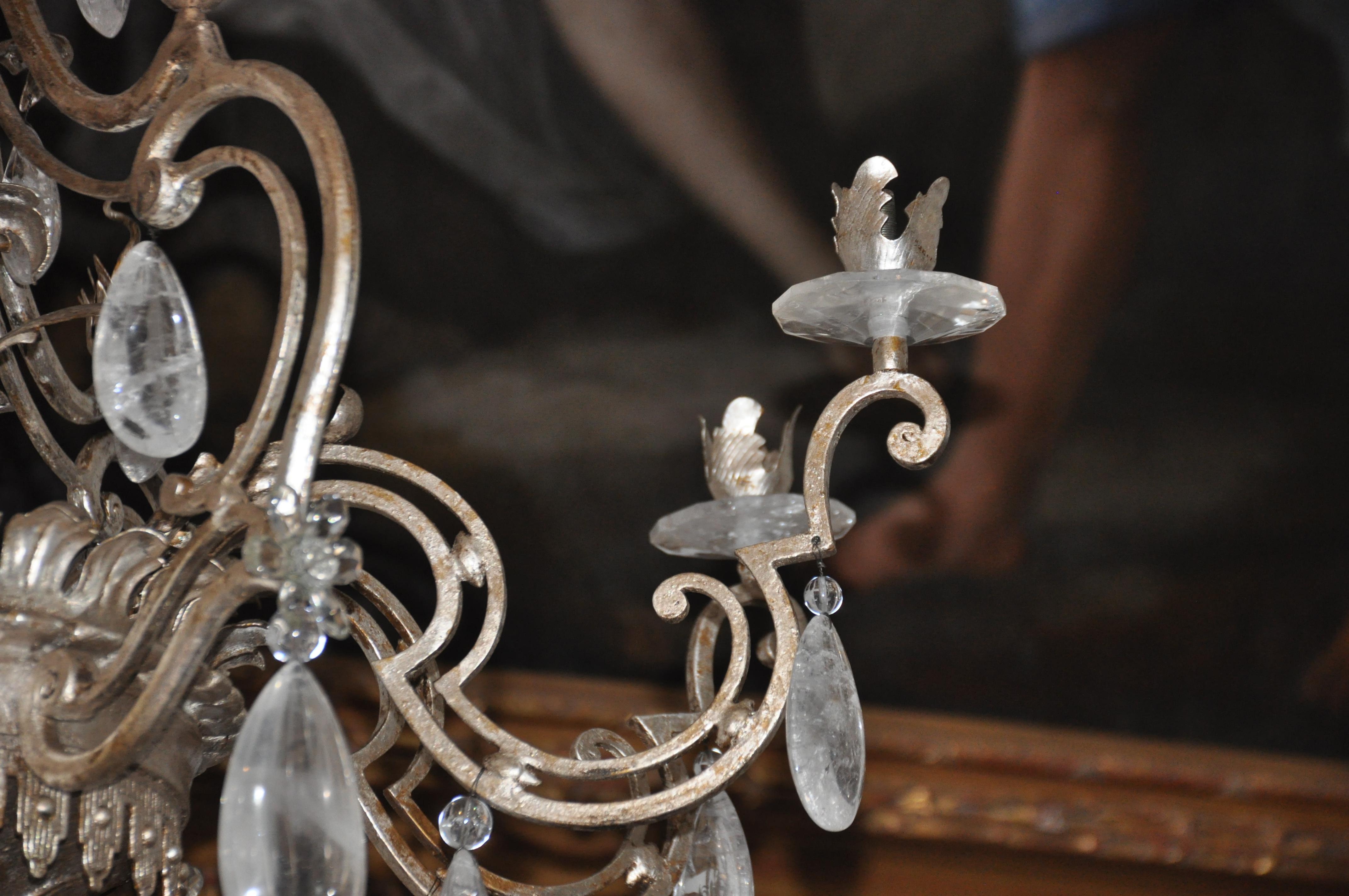 Mid-Century French Bagues Style Silver Iron Rock Crystal Chandelier For Sale 2