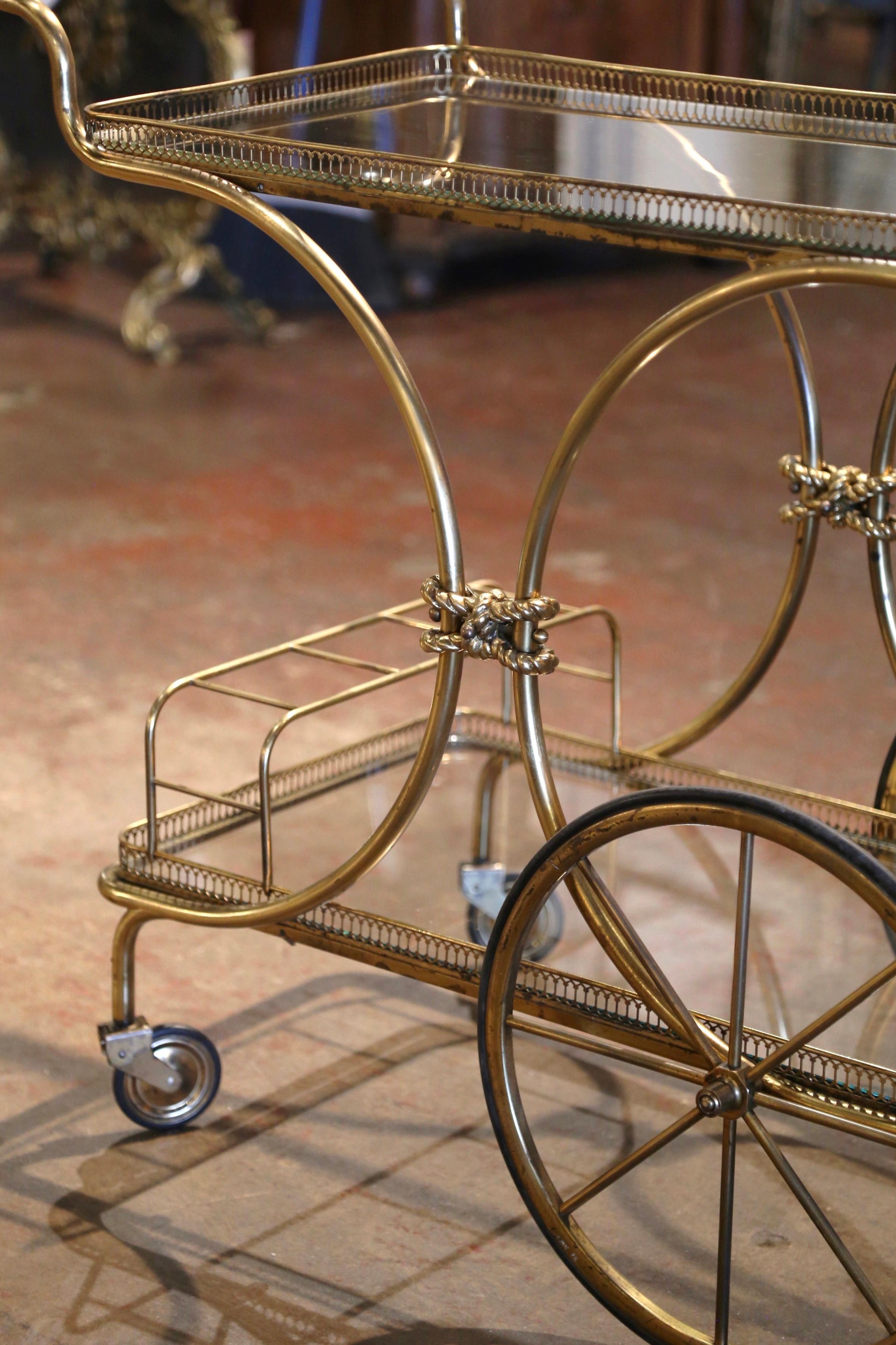 Art Deco Mid-Century French Bagues Style Two-Tier Brass Bar Cart on Wheels