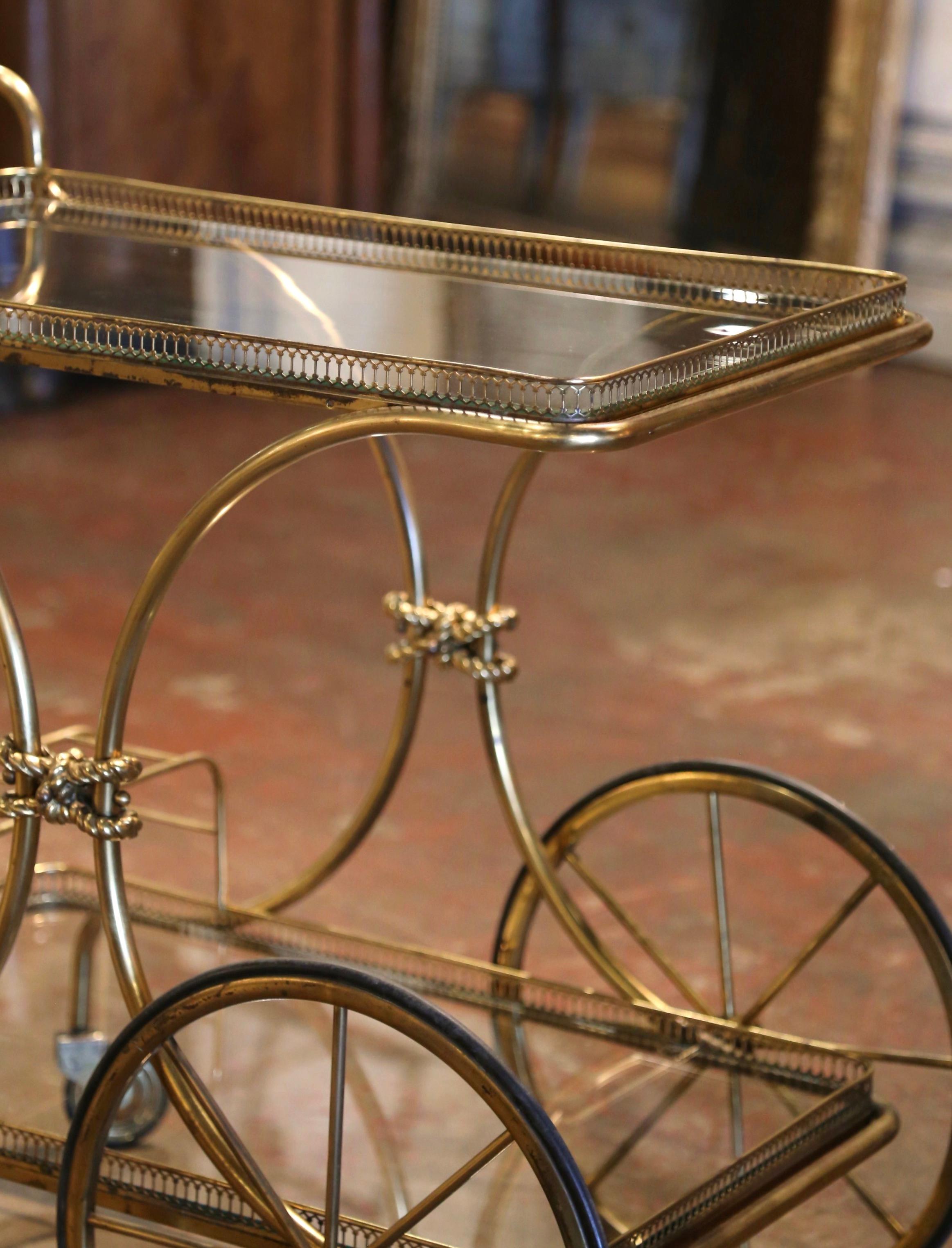 Hand-Crafted Mid-Century French Bagues Style Two-Tier Brass Bar Cart on Wheels