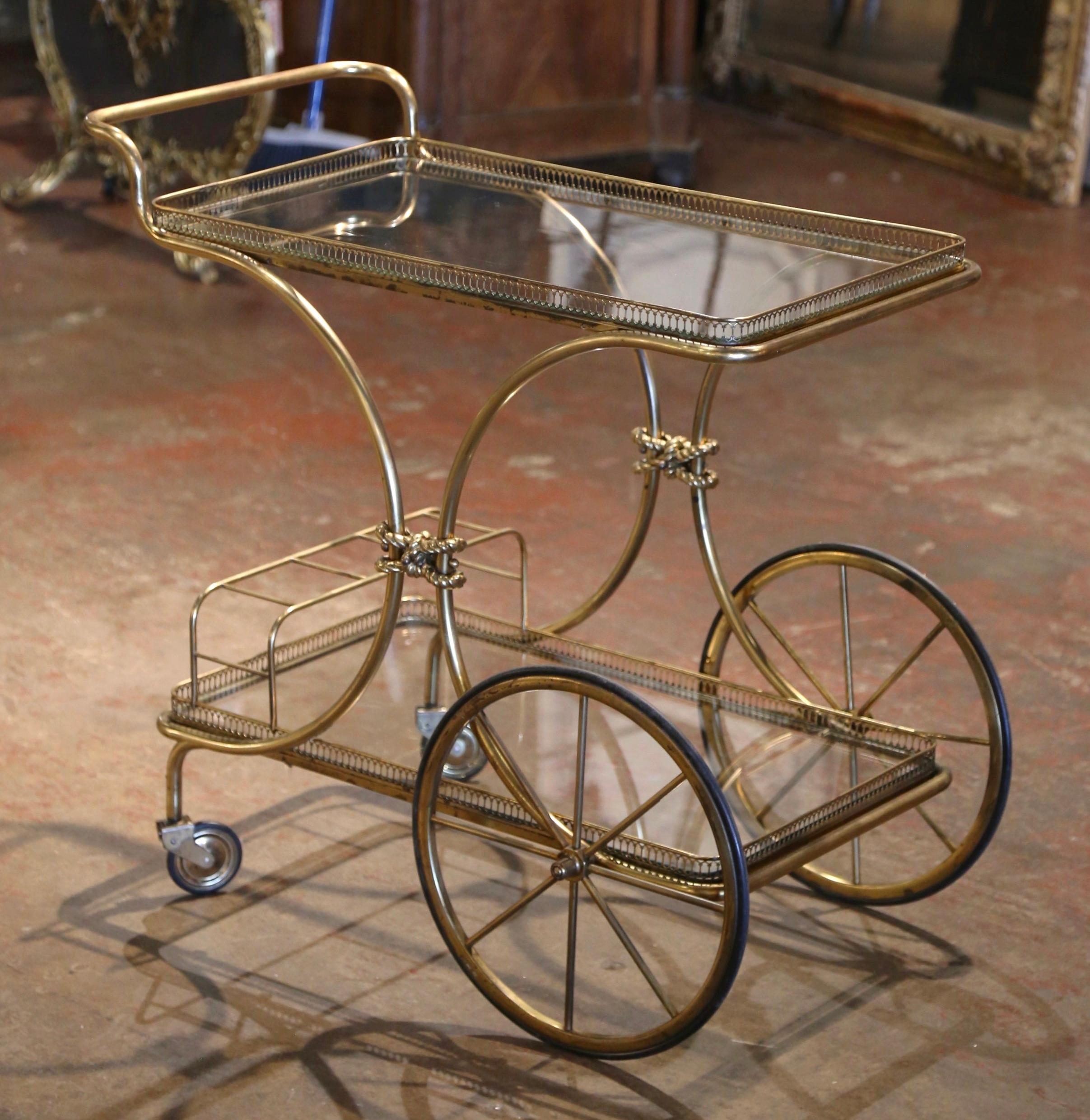 Mid-Century French Bagues Style Two-Tier Brass Bar Cart on Wheels In Excellent Condition In Dallas, TX